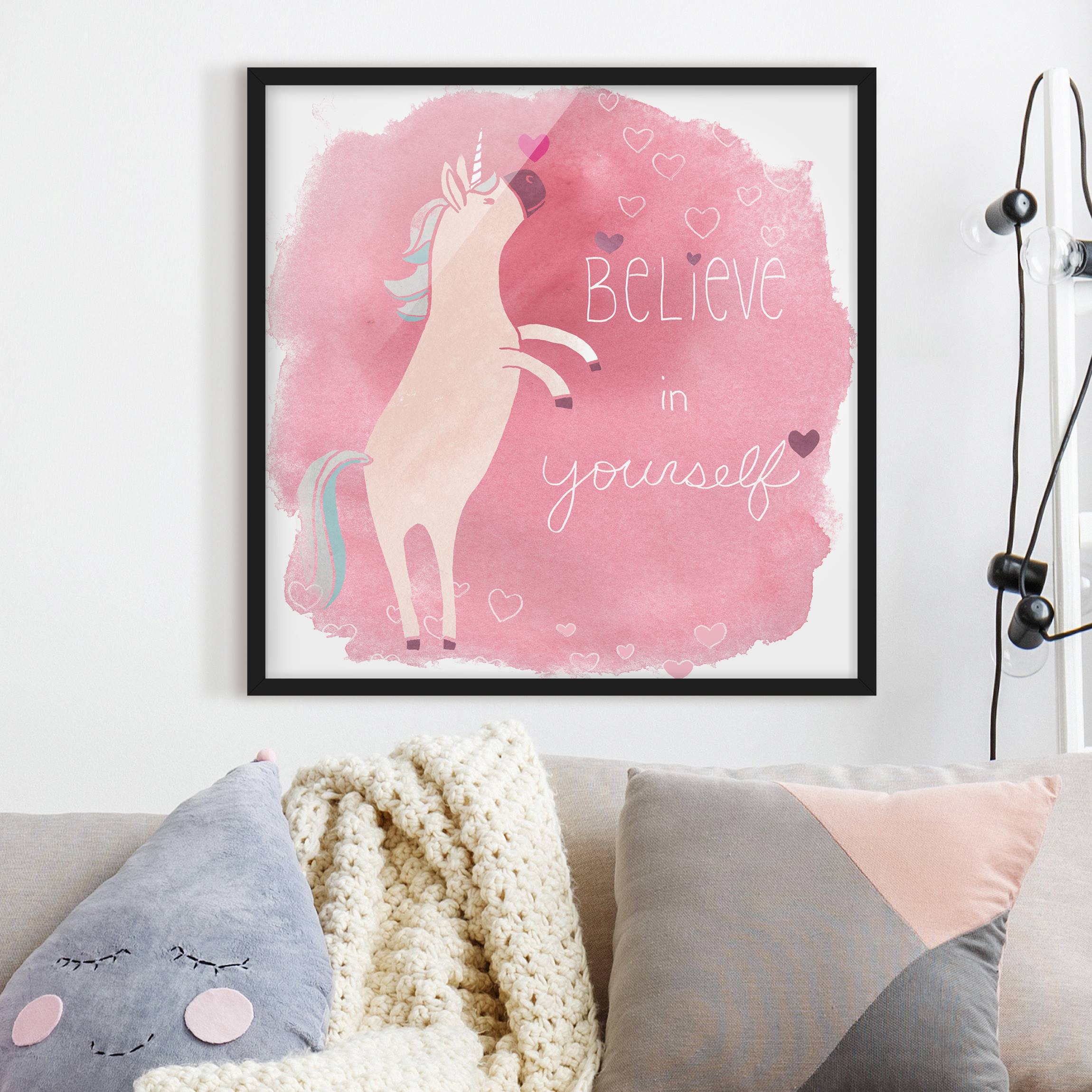 Spruch Bild mit Rahmen Einhorn-Truppe - Believe