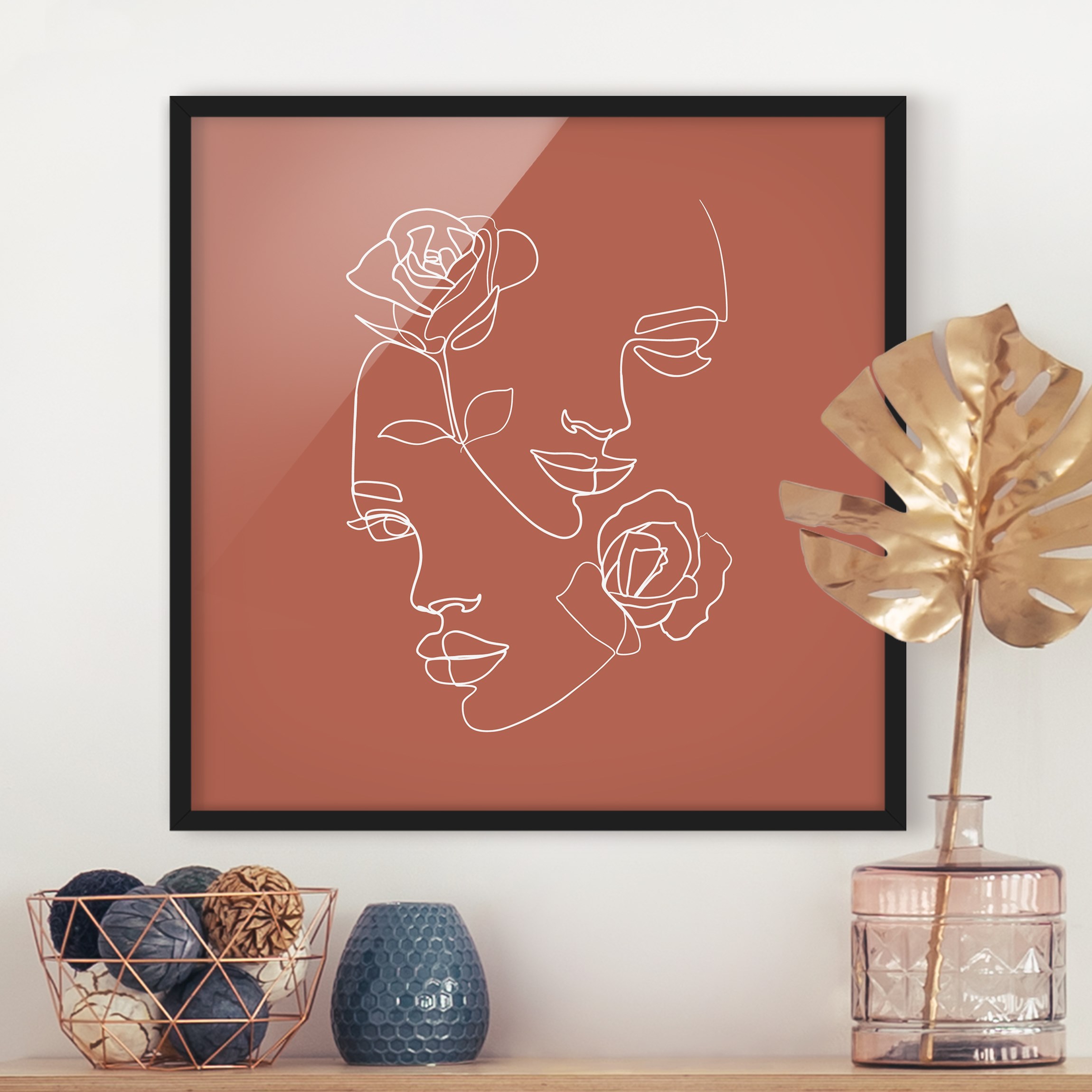 Bild mit Rahmen - Quadrat Line Art Gesichter Frauen Rosen Kupfer