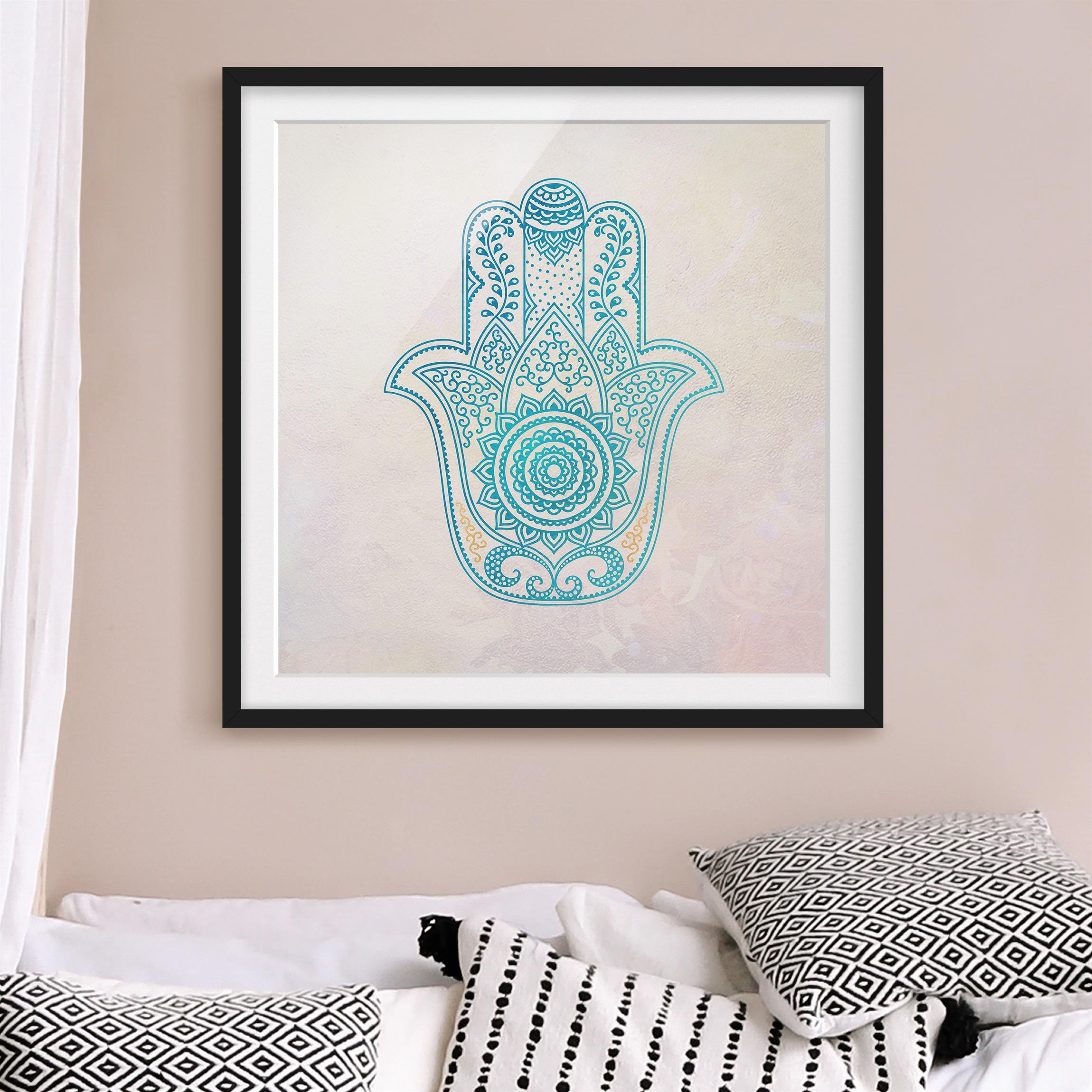 Bild mit Rahmen - Quadrat Hamsa Hand Illustration Mandala gold blau