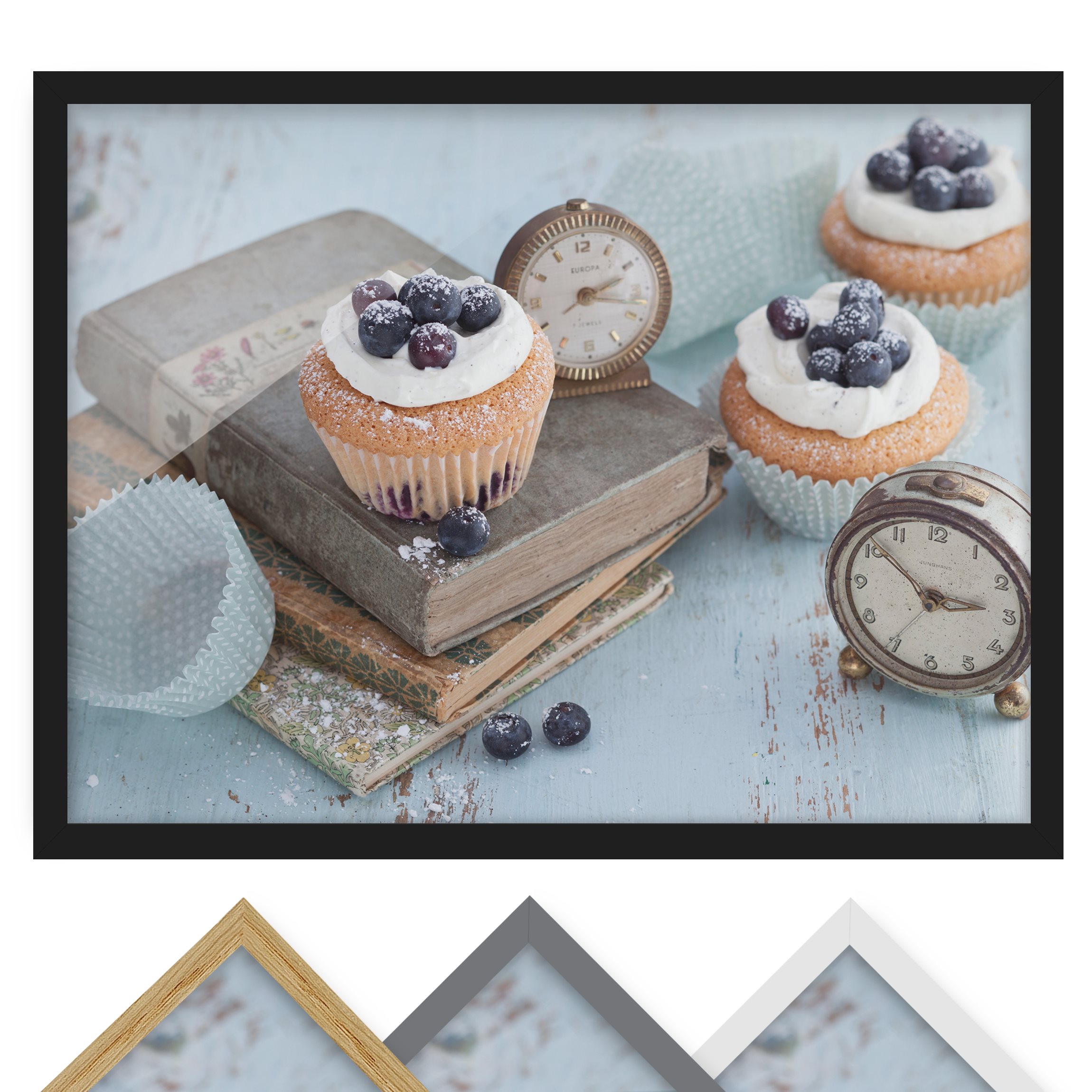 Bild mit Rahmen - Querformat Vintage Cupcakes mit Wecker