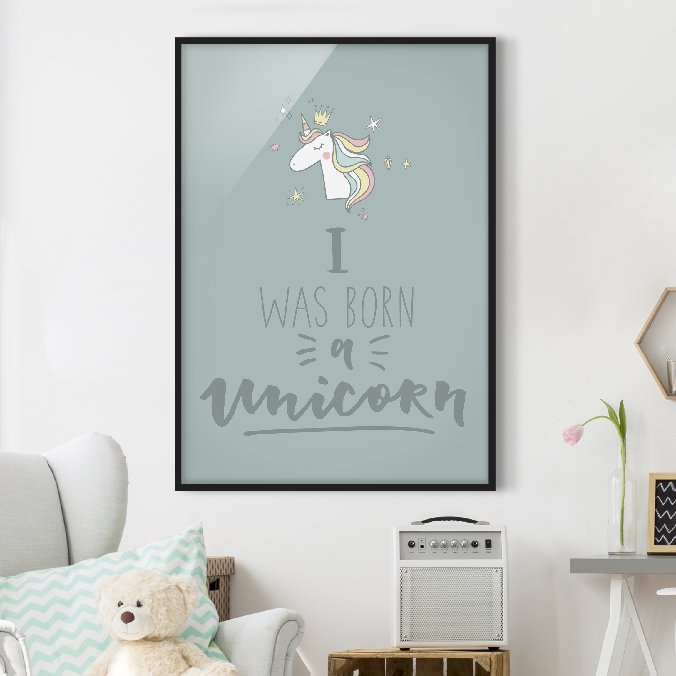 Spruch Bild mit Rahmen I was born a Unicorn