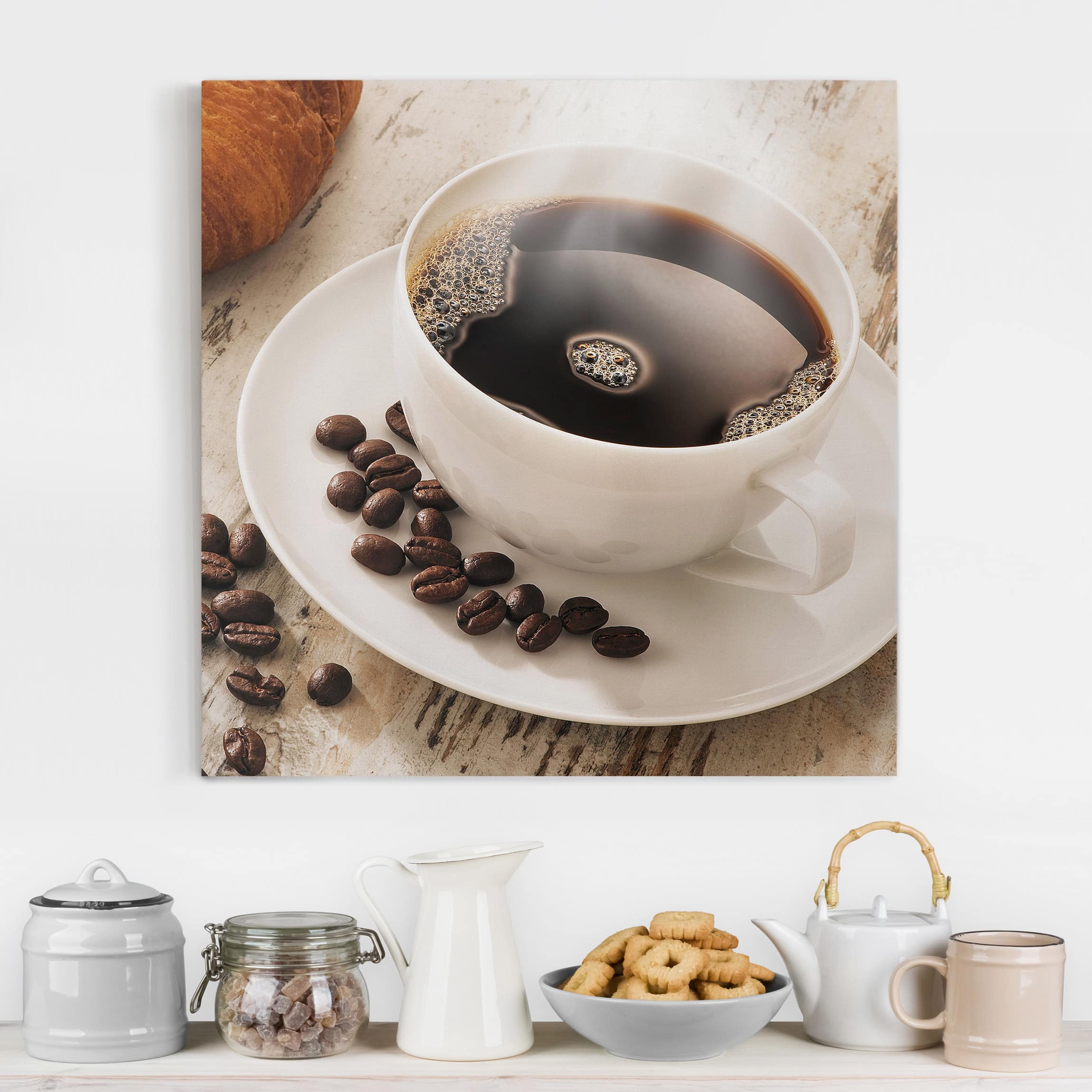 Leinwandbild Küche Dampfende Kaffeetasse mit Kaffeebohnen