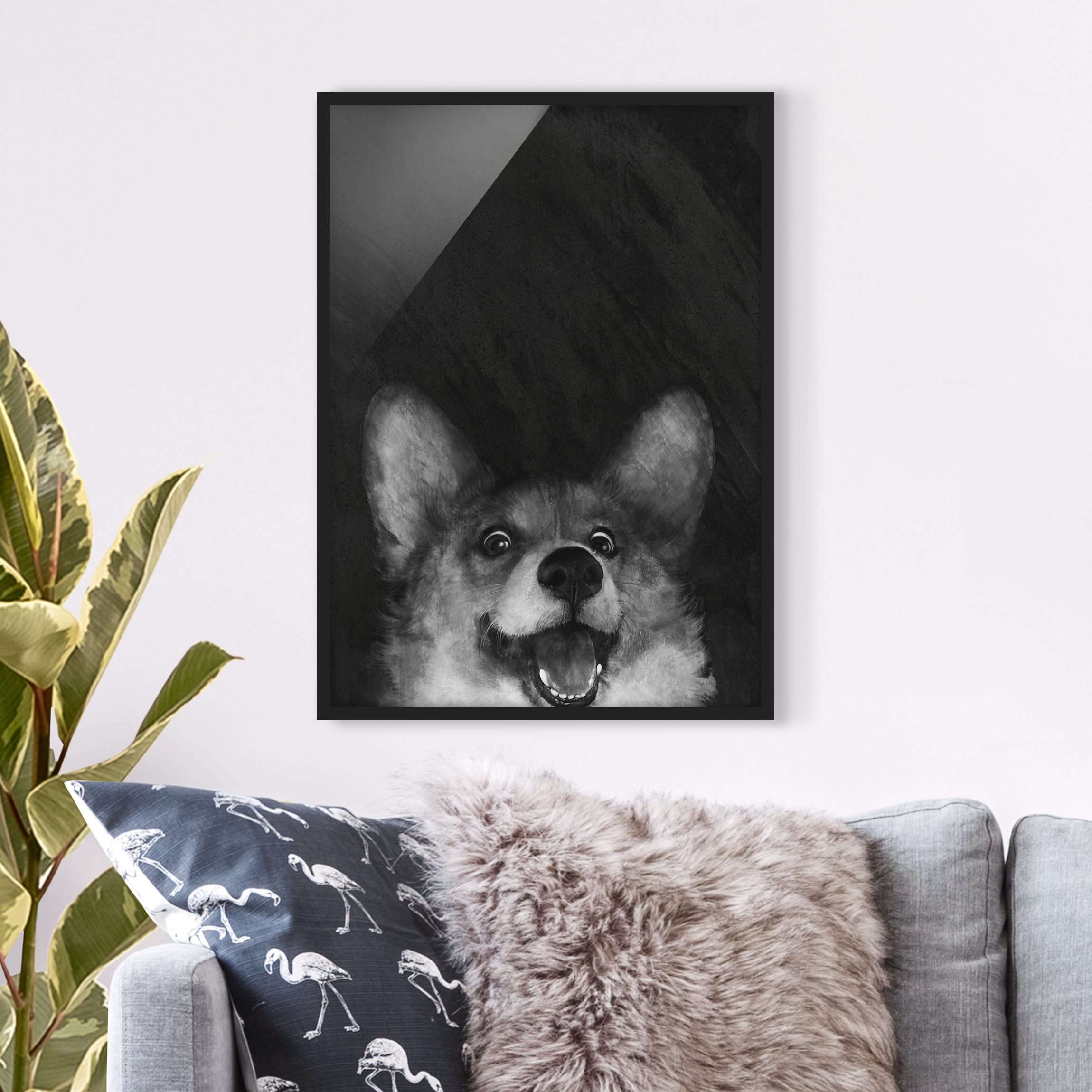 Gerahmtes Bild Illustration Hund Corgi Malerei Schwarz Weiß
