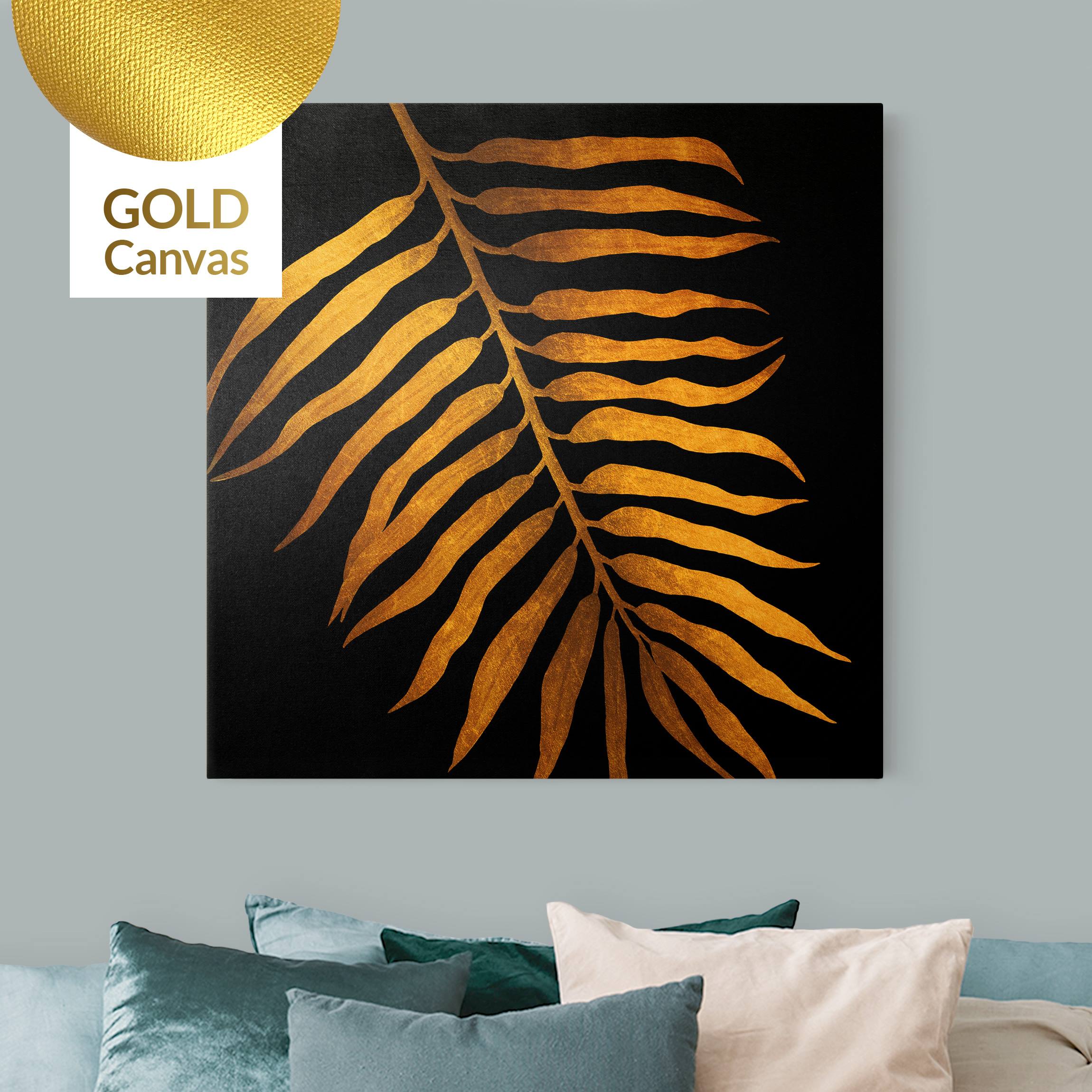 Leinwandbild Gold Gold - Palmenblatt II auf Schwarz
