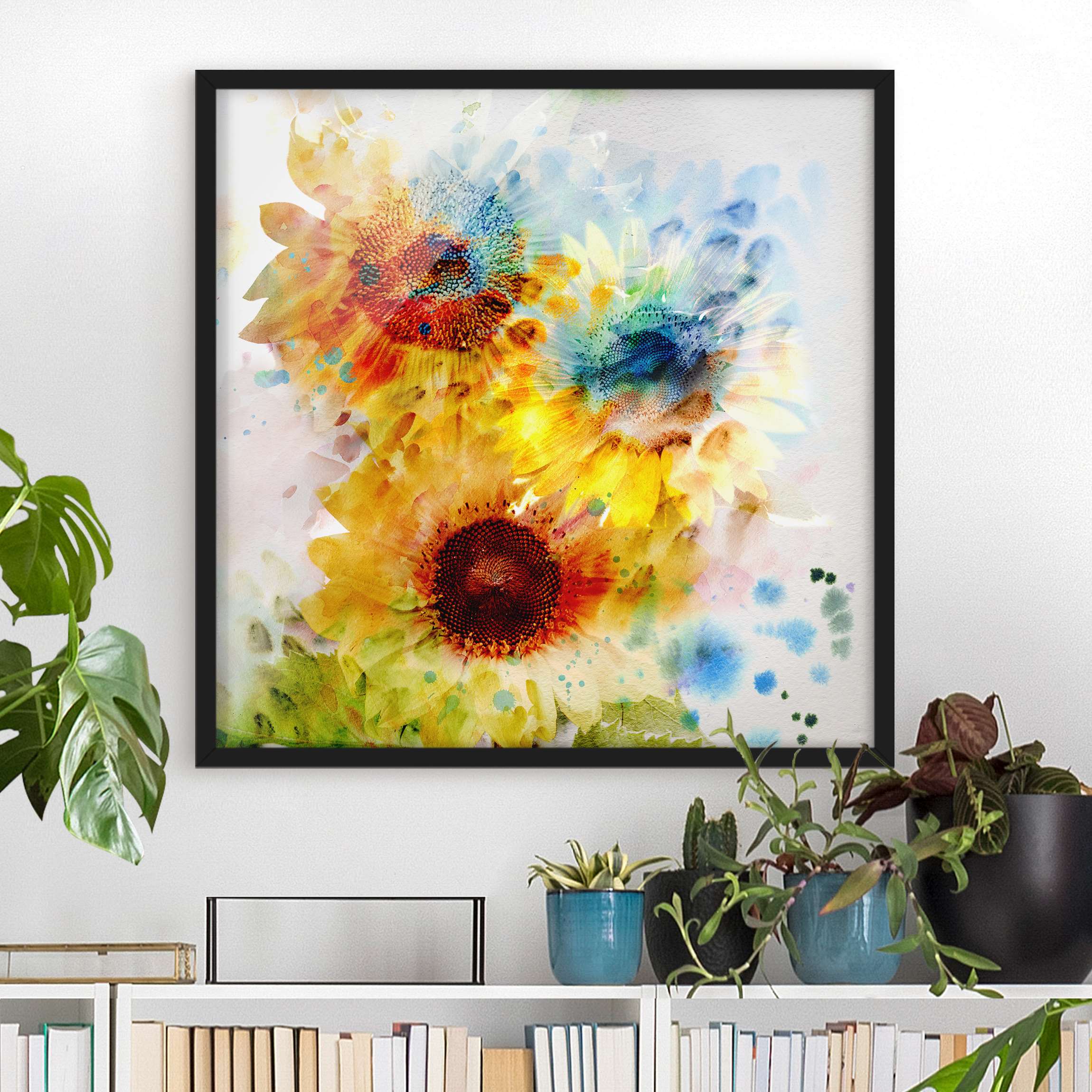 Bild mit Rahmen - Quadrat Aquarell Blumen Sonnenblumen