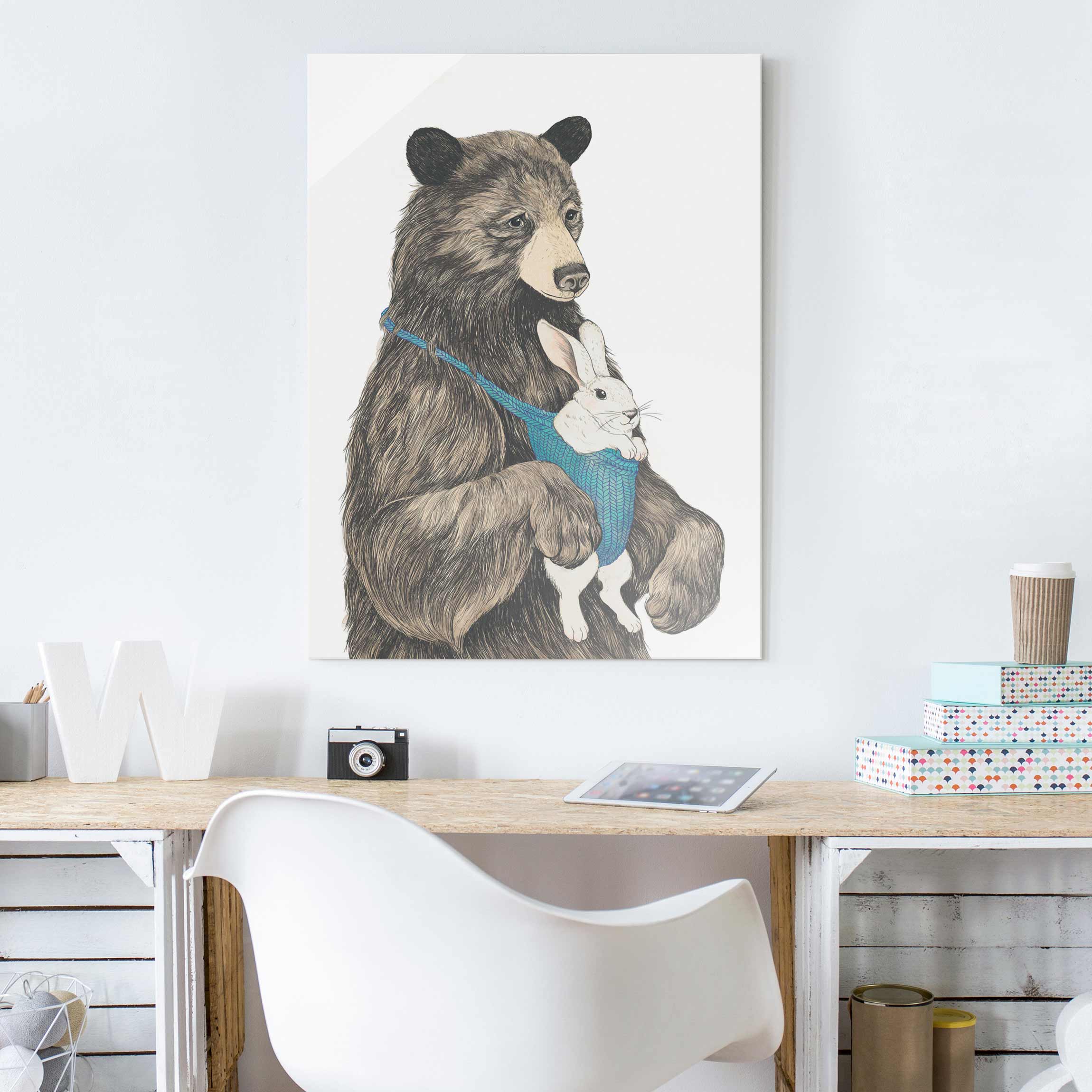 Glasbild - Hochformat Illustration Bär und Hase Baby