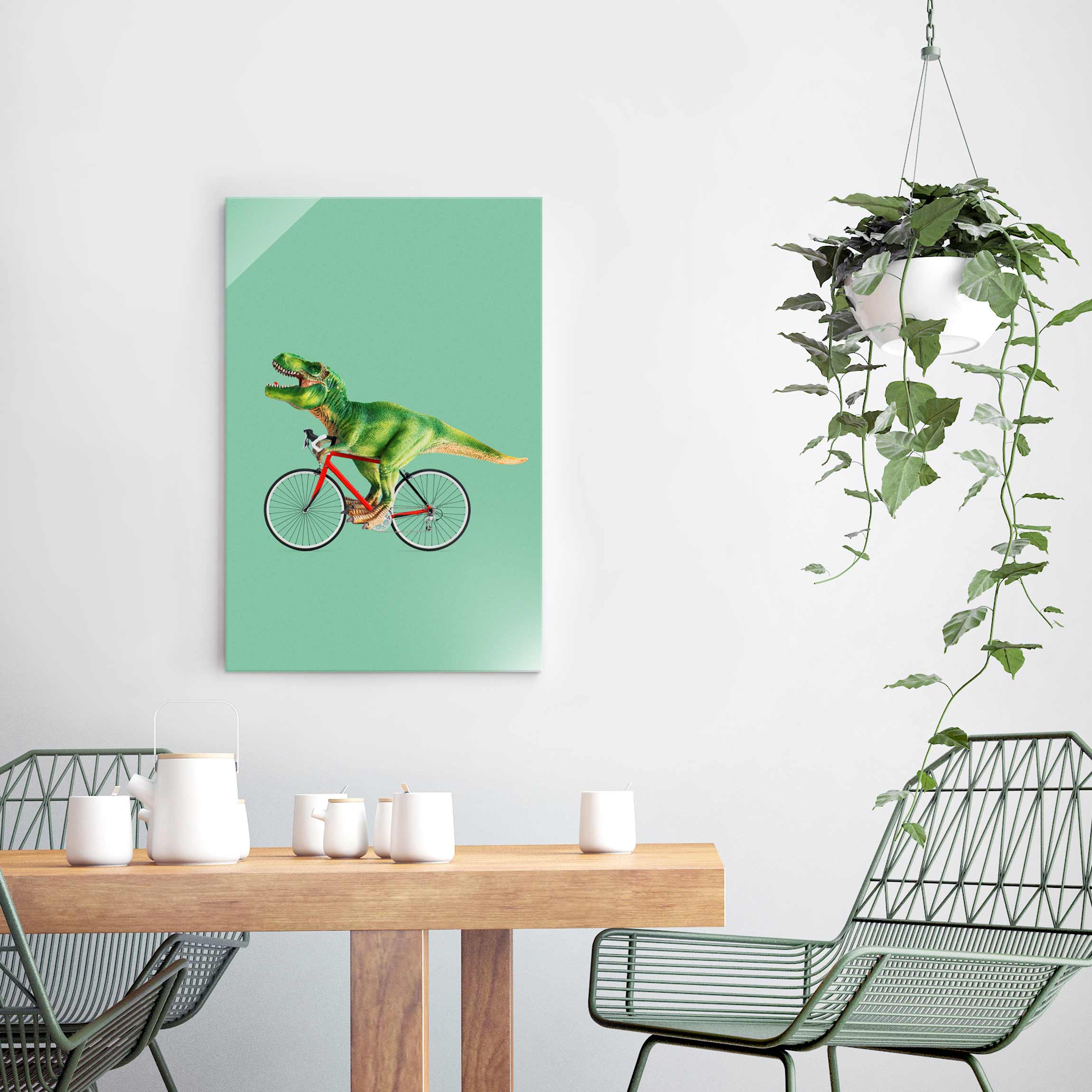 Glasbild - Hochformat Dinosaurier mit Fahrrad
