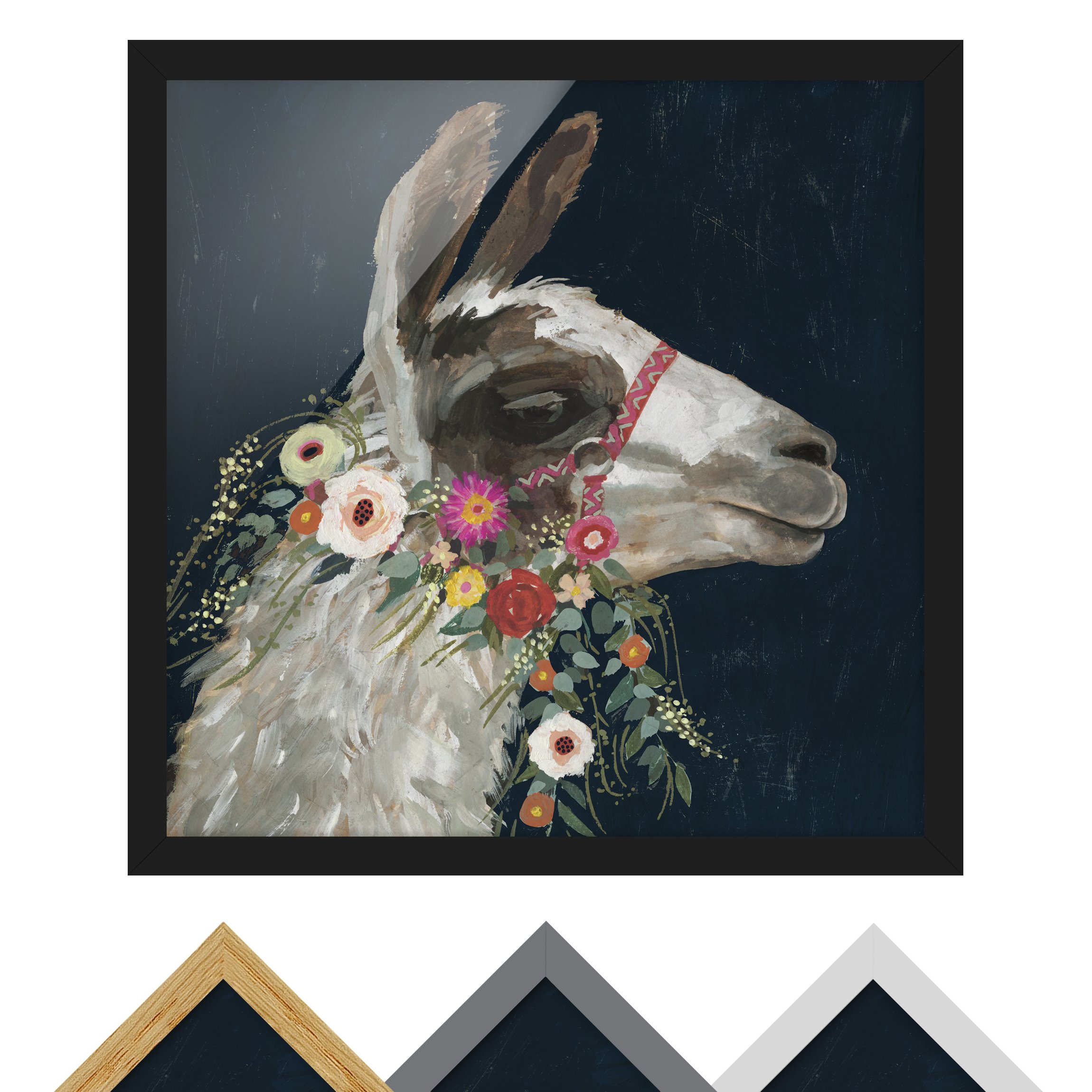 Bild mit Rahmen - Quadrat Lama mit Blumenschmuck I