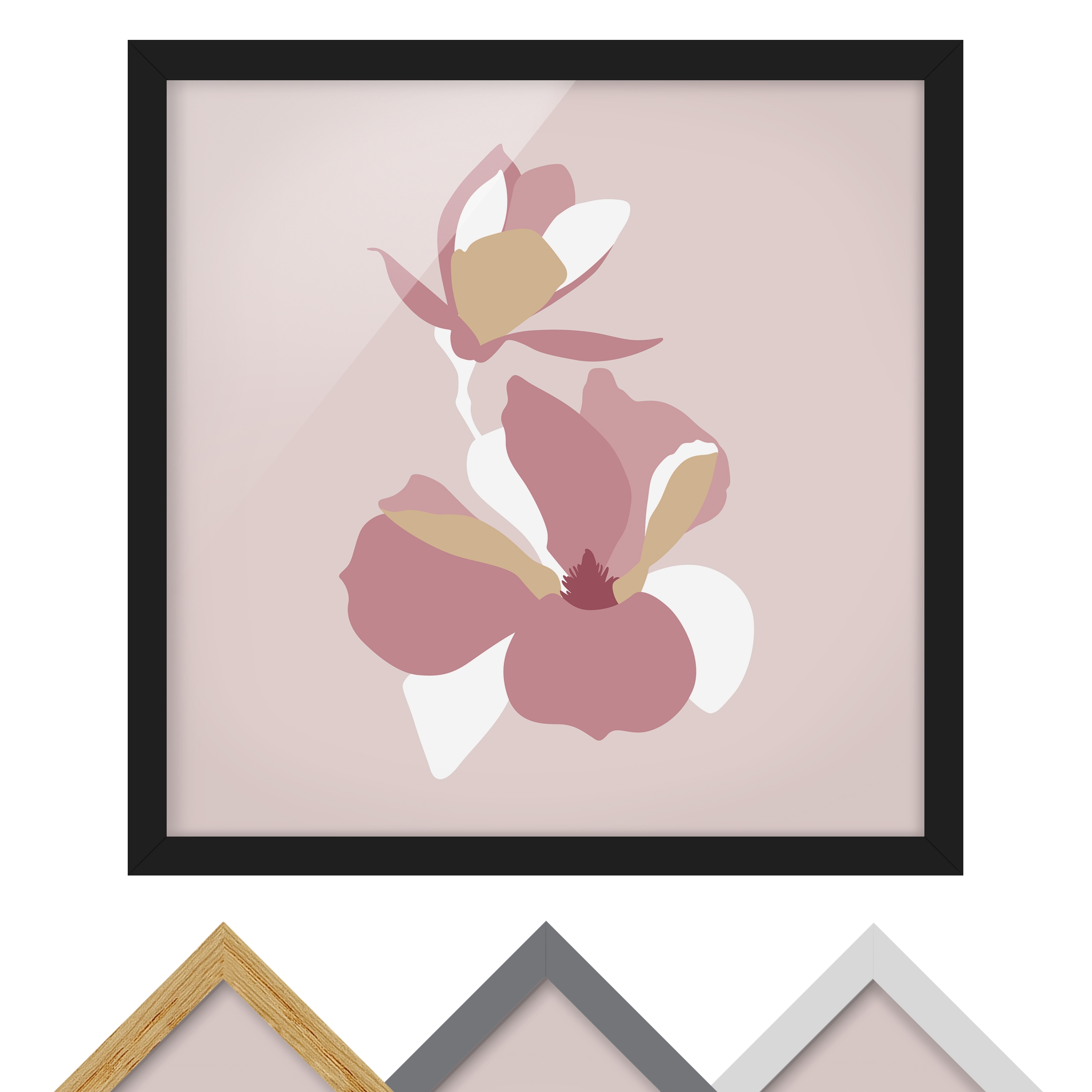 Bild mit Rahmen - Quadrat Line Art Blüten Pastell Rosa