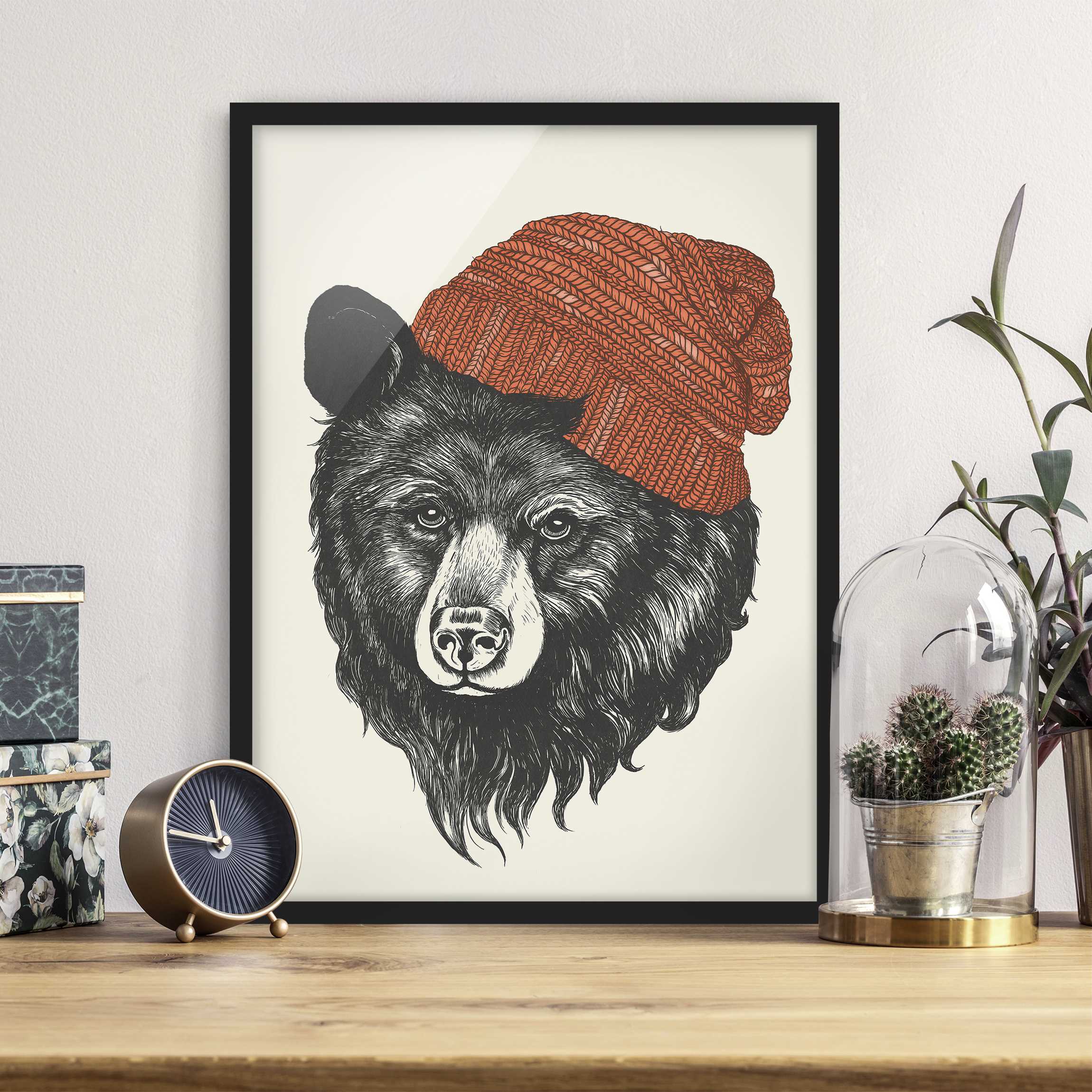 Bild mit Rahmen - Hochformat Illustration Bär mit roter Mütze Zeichnung