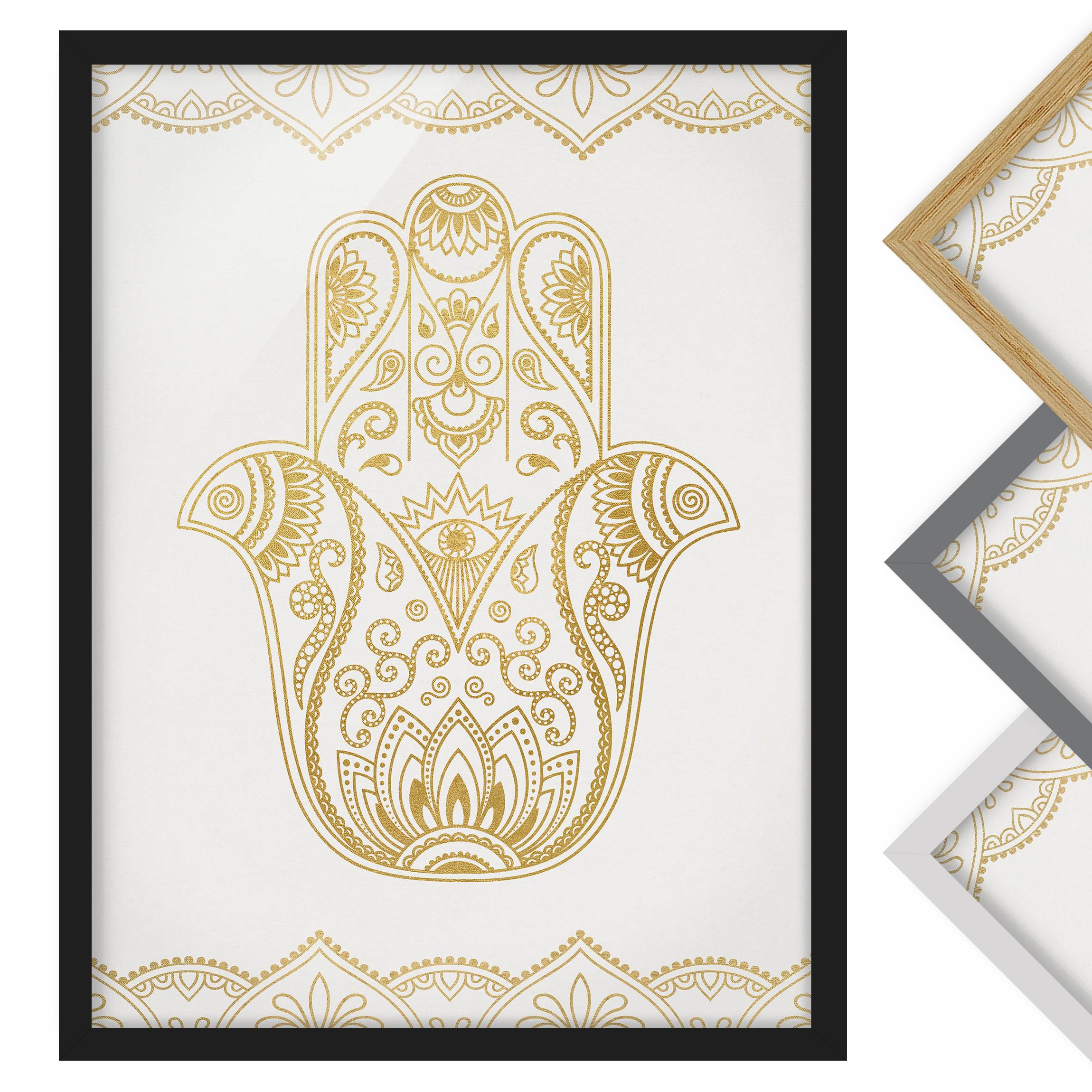 Bild mit Rahmen Hamsa Hand Illustration weiß gold