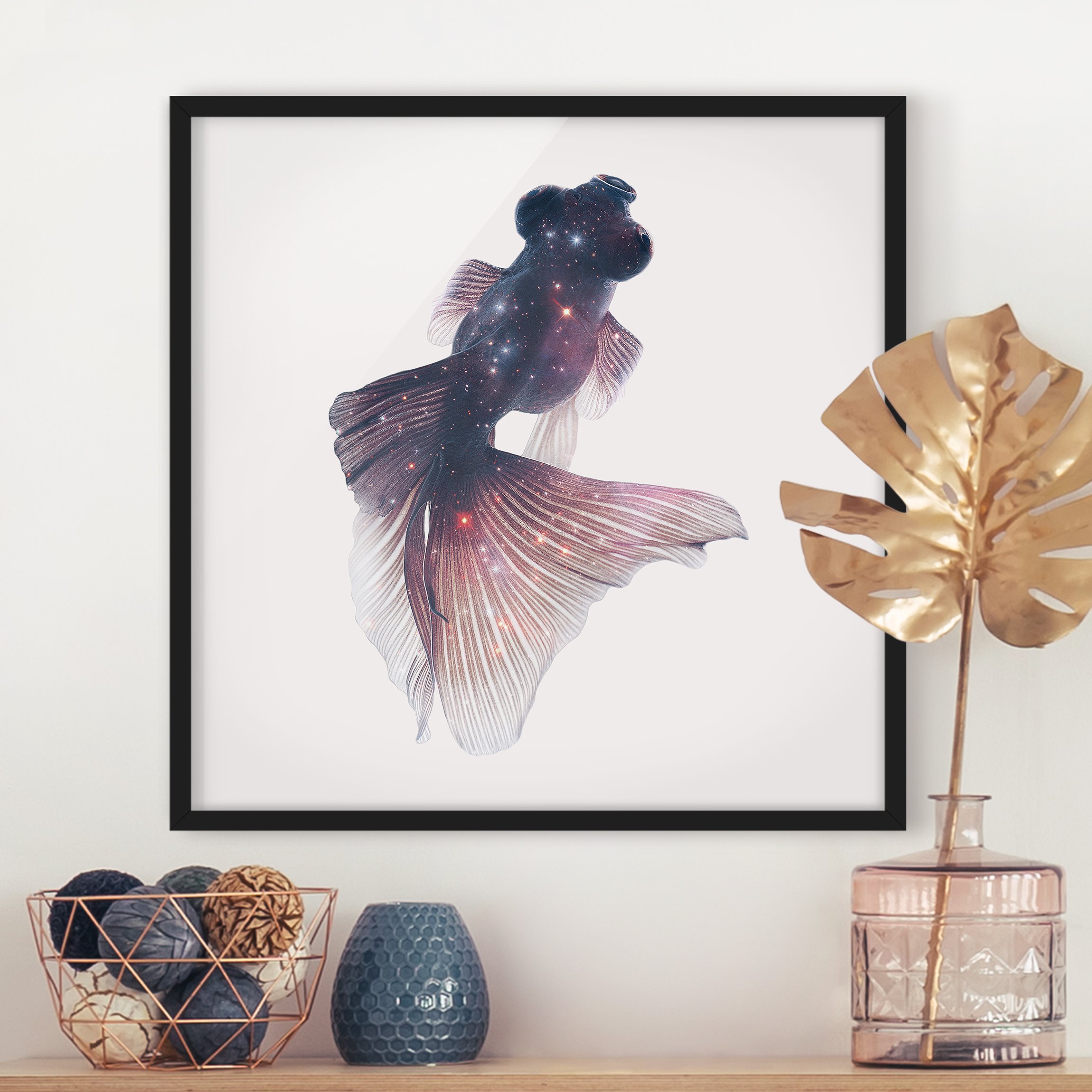 Bild mit Rahmen - Quadrat Fisch mit Galaxie