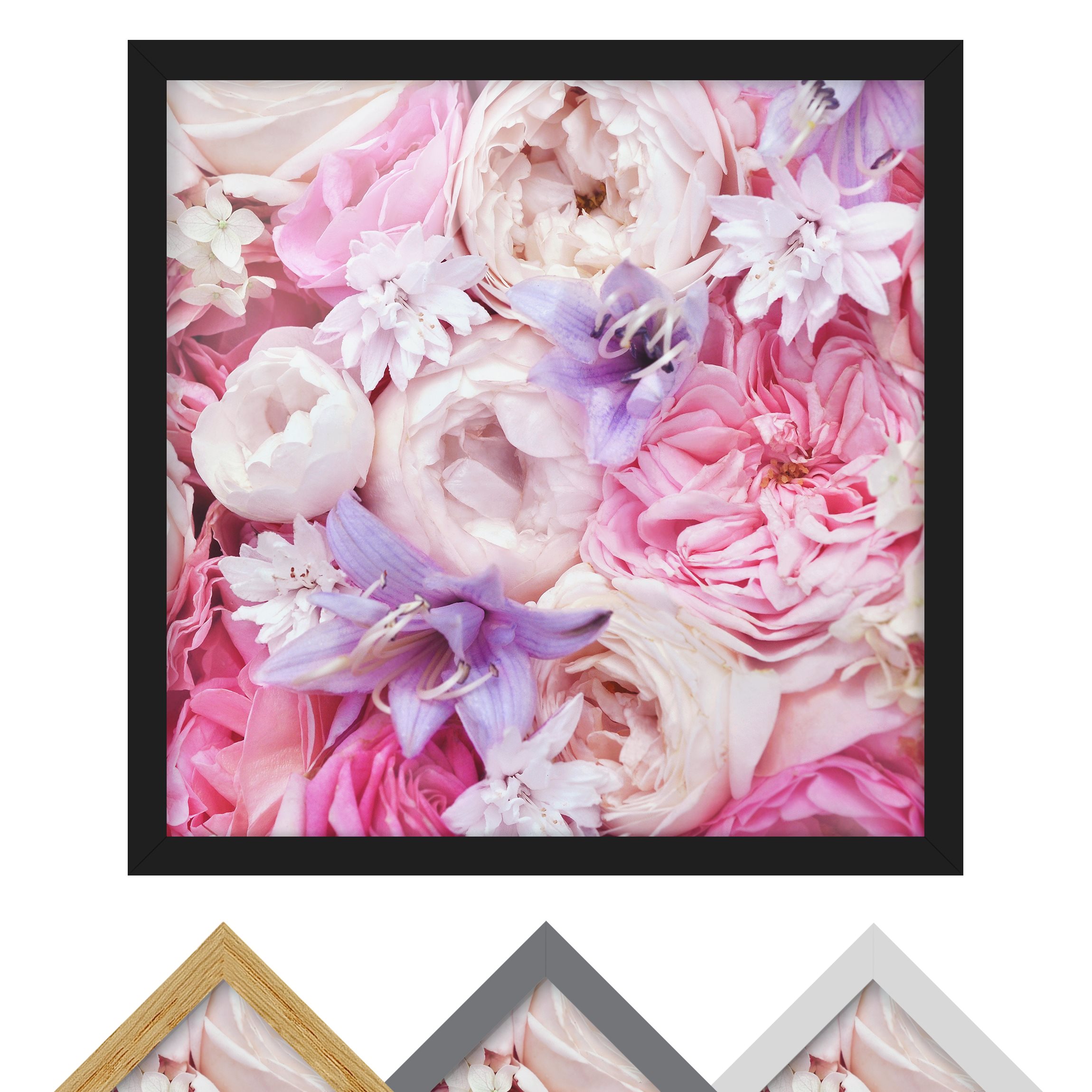 Bild mit Rahmen - Quadrat Shabby Rosen mit Glockenblumen