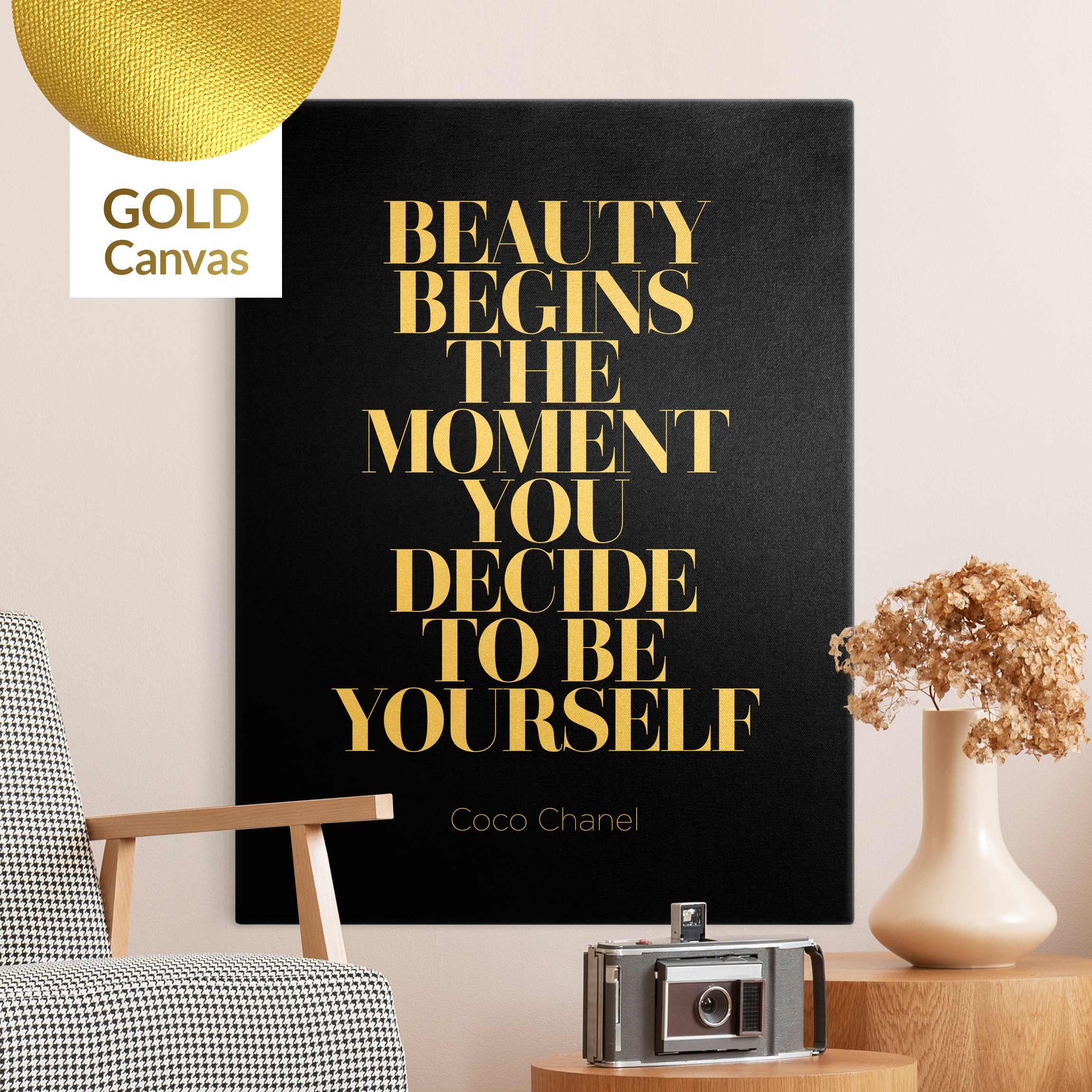 Leinwandbild Gold Be yourself Coco Chanel Schwarz