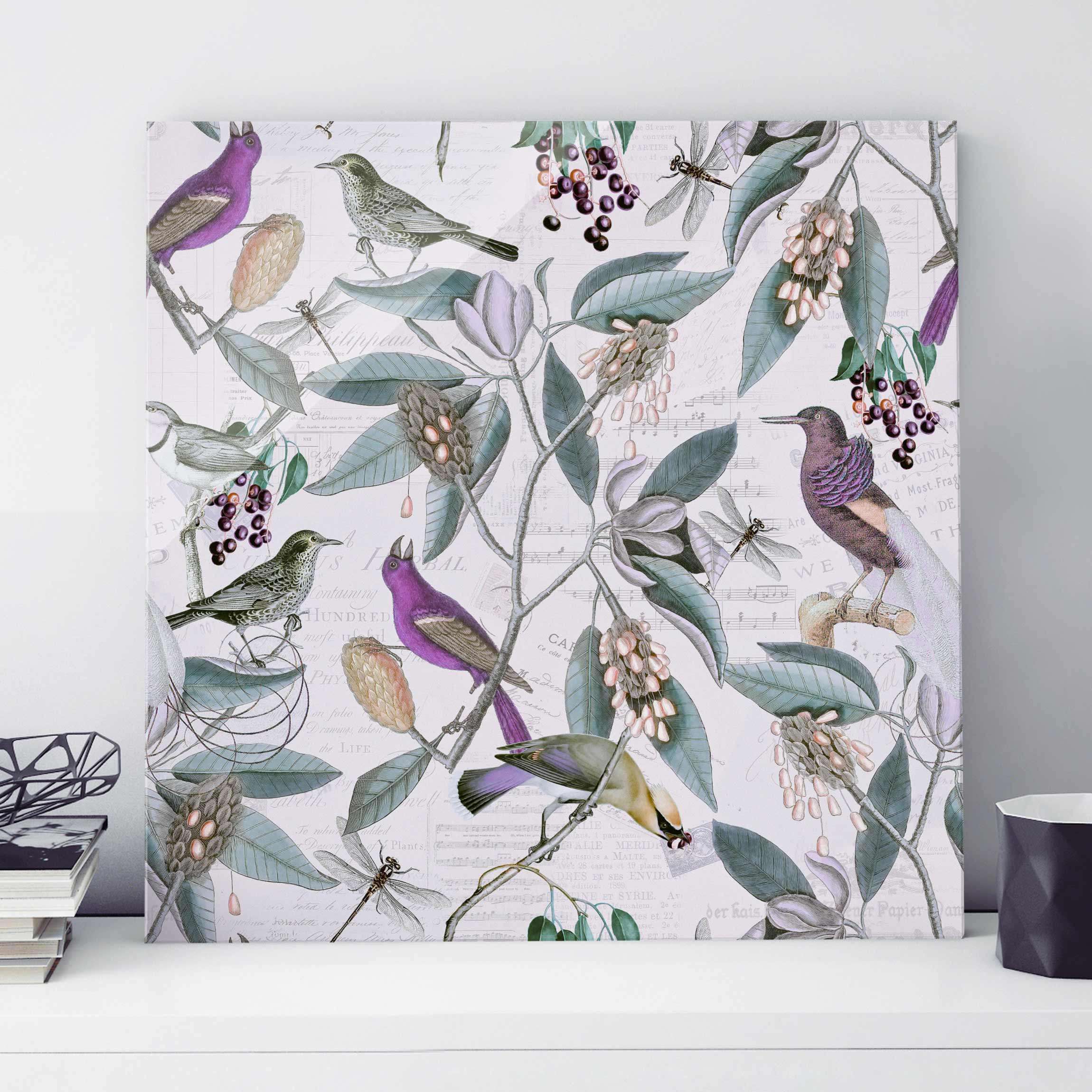 Glasbild Vintage Collage - Nostalgische Vögel