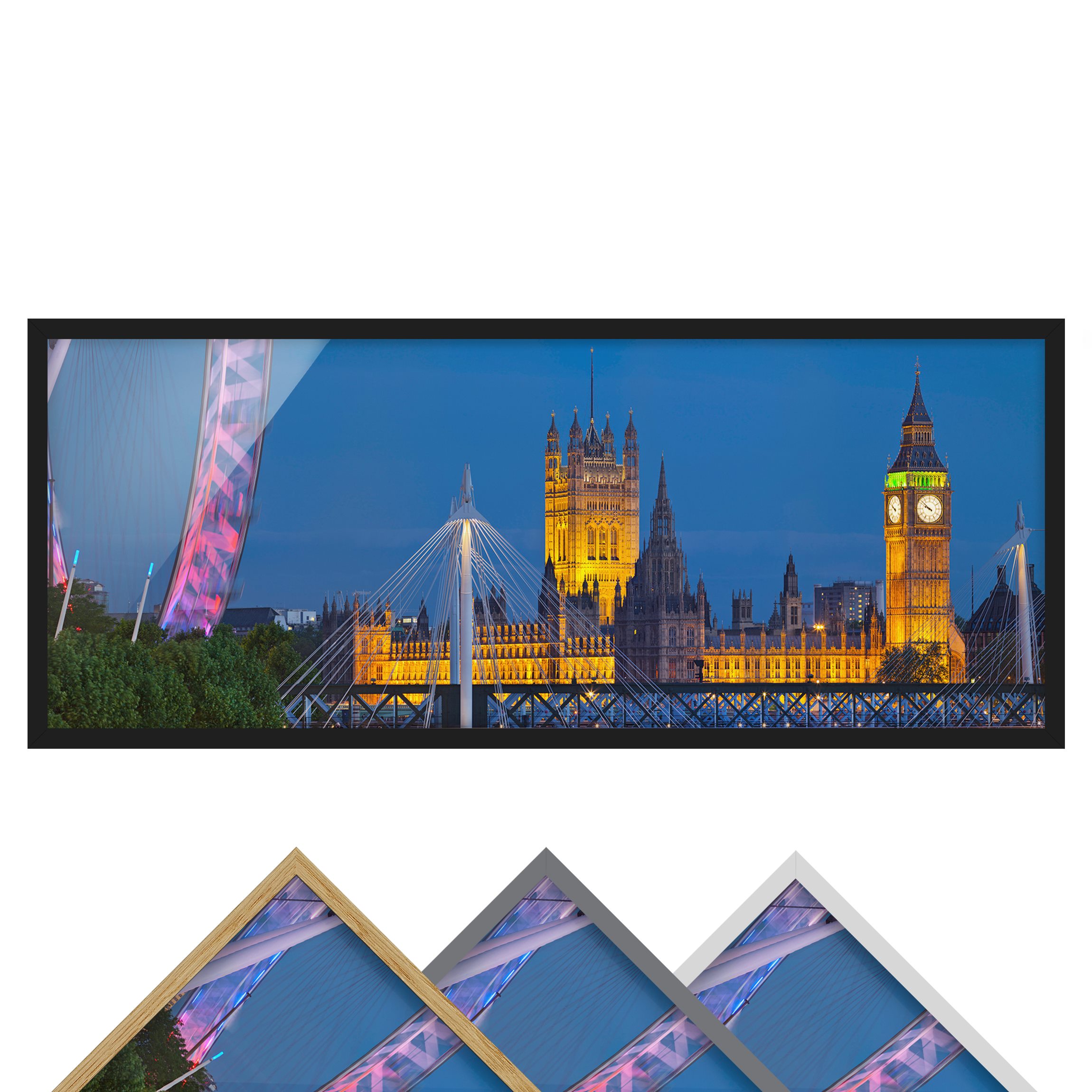 Bild mit Rahmen - Panorama Big Ben und Westminster Palace in London bei Nacht