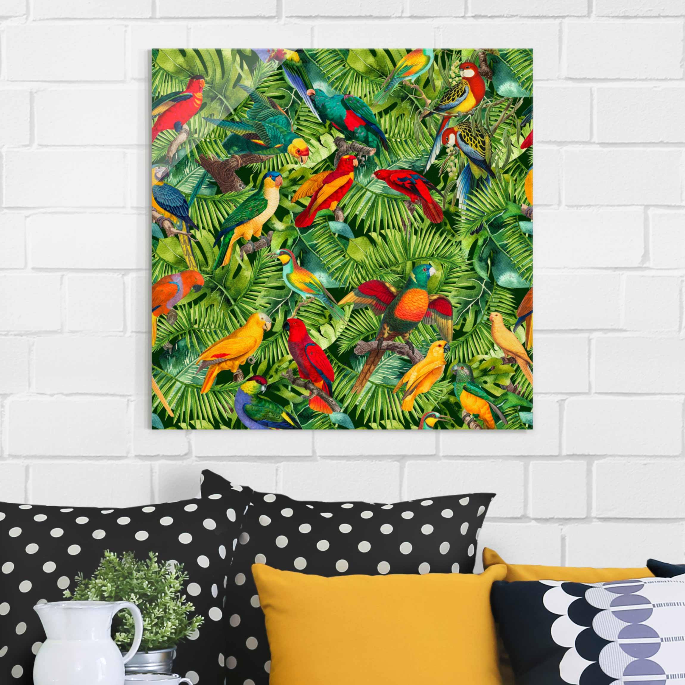 Glasbild Bunte Collage - Papageien im Dschungel