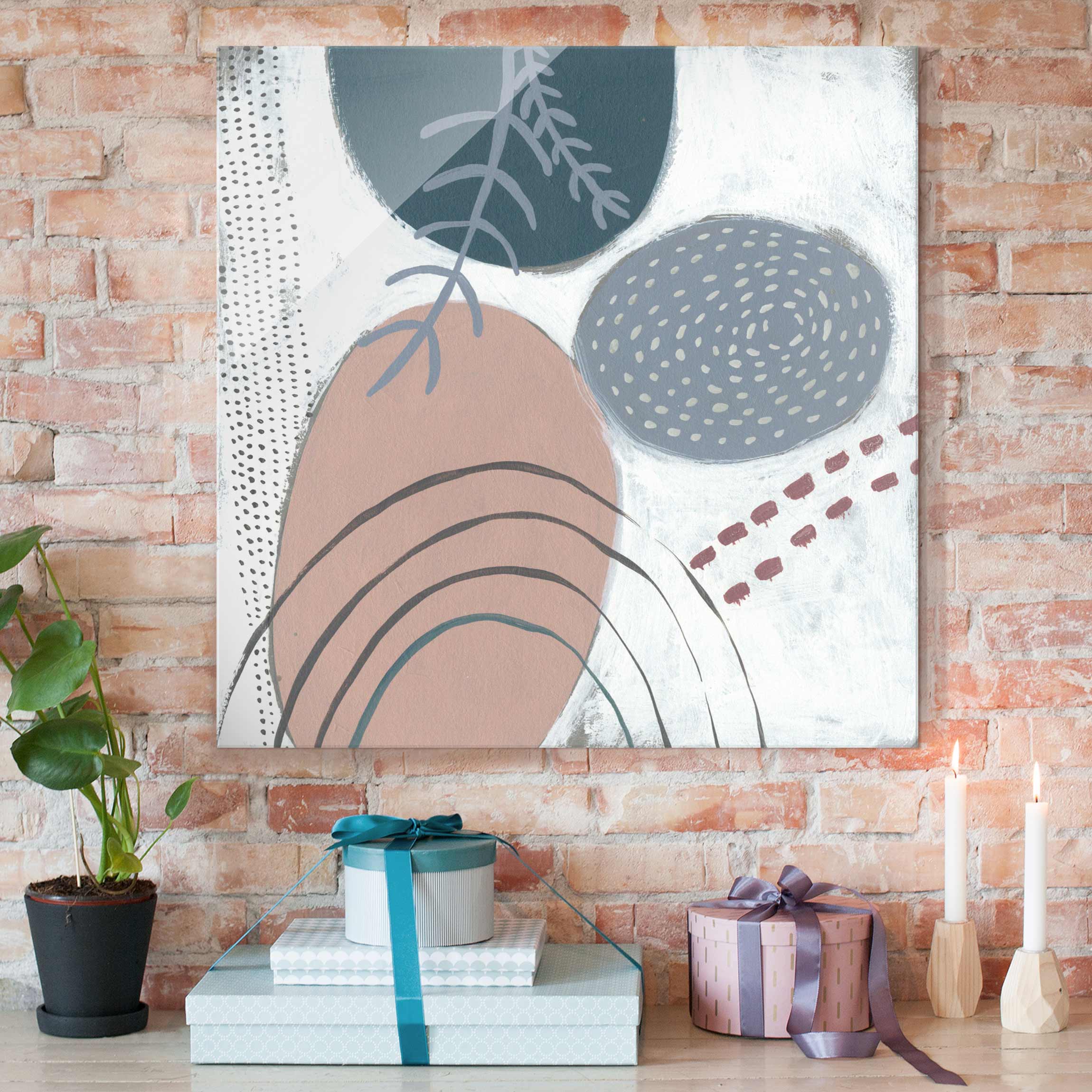 Glasbild - Quadrat Karneval der Formen in Petrol II