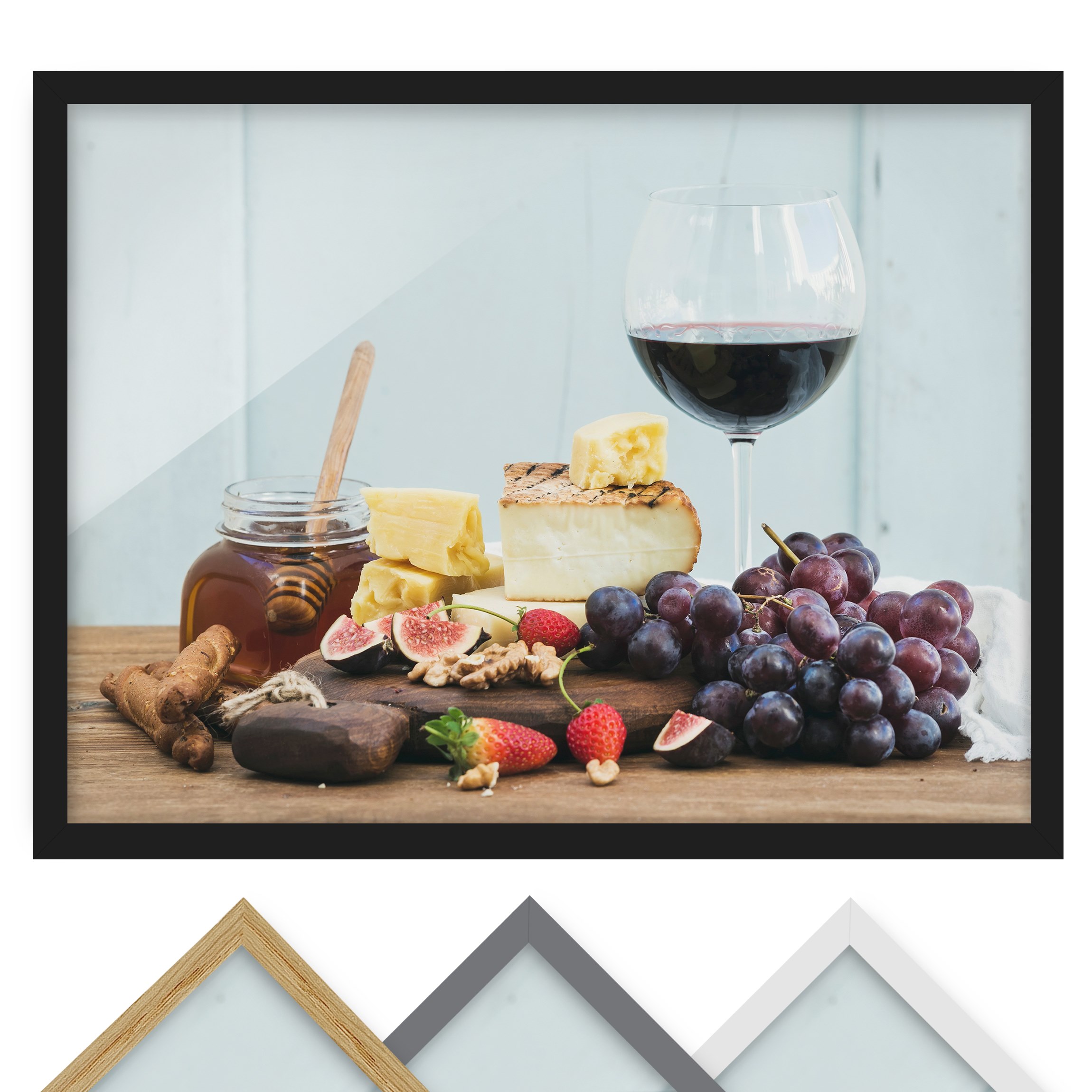 Küchenbild mit Rahmen Käse und Wein