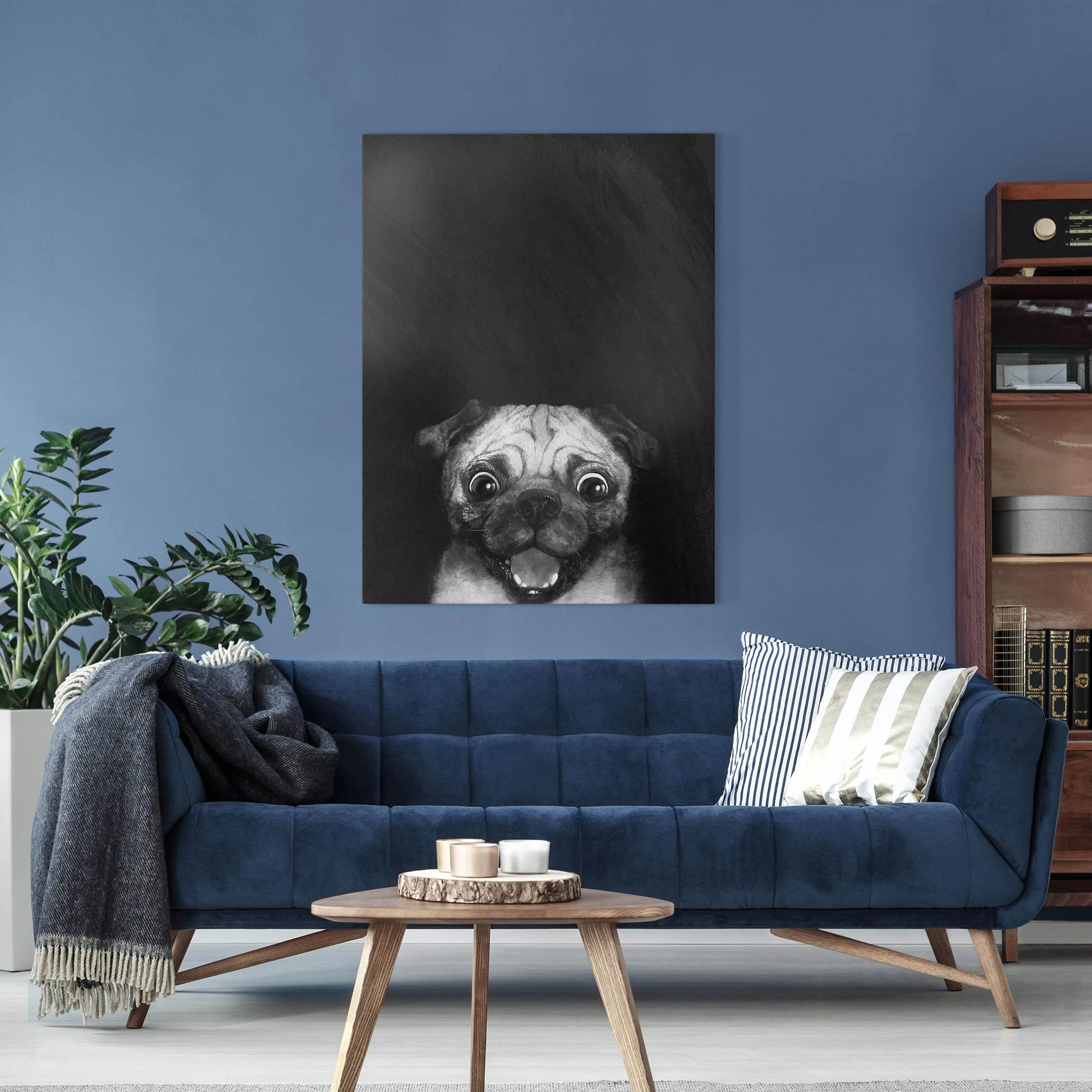 Leinwandbild Illustration Hund Mops Malerei auf Schwarz Weiß