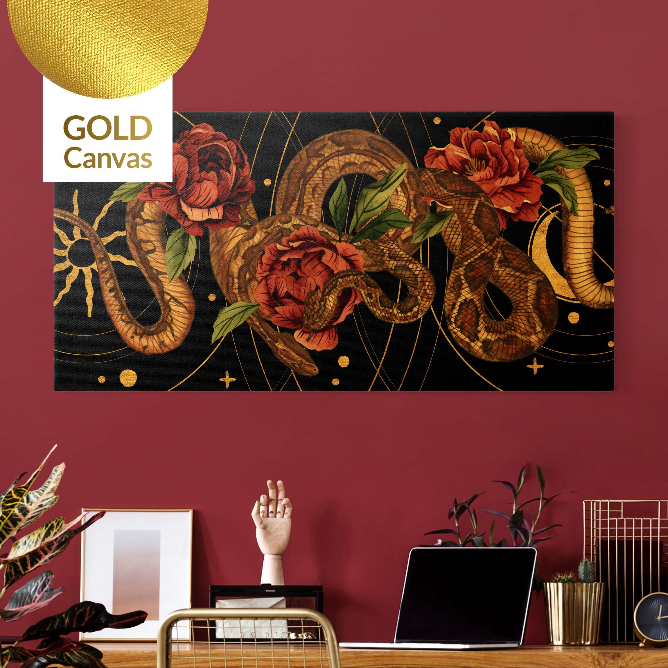 Leinwandbild Gold Schlangen mit Rosen vor Schwarz und Gold I