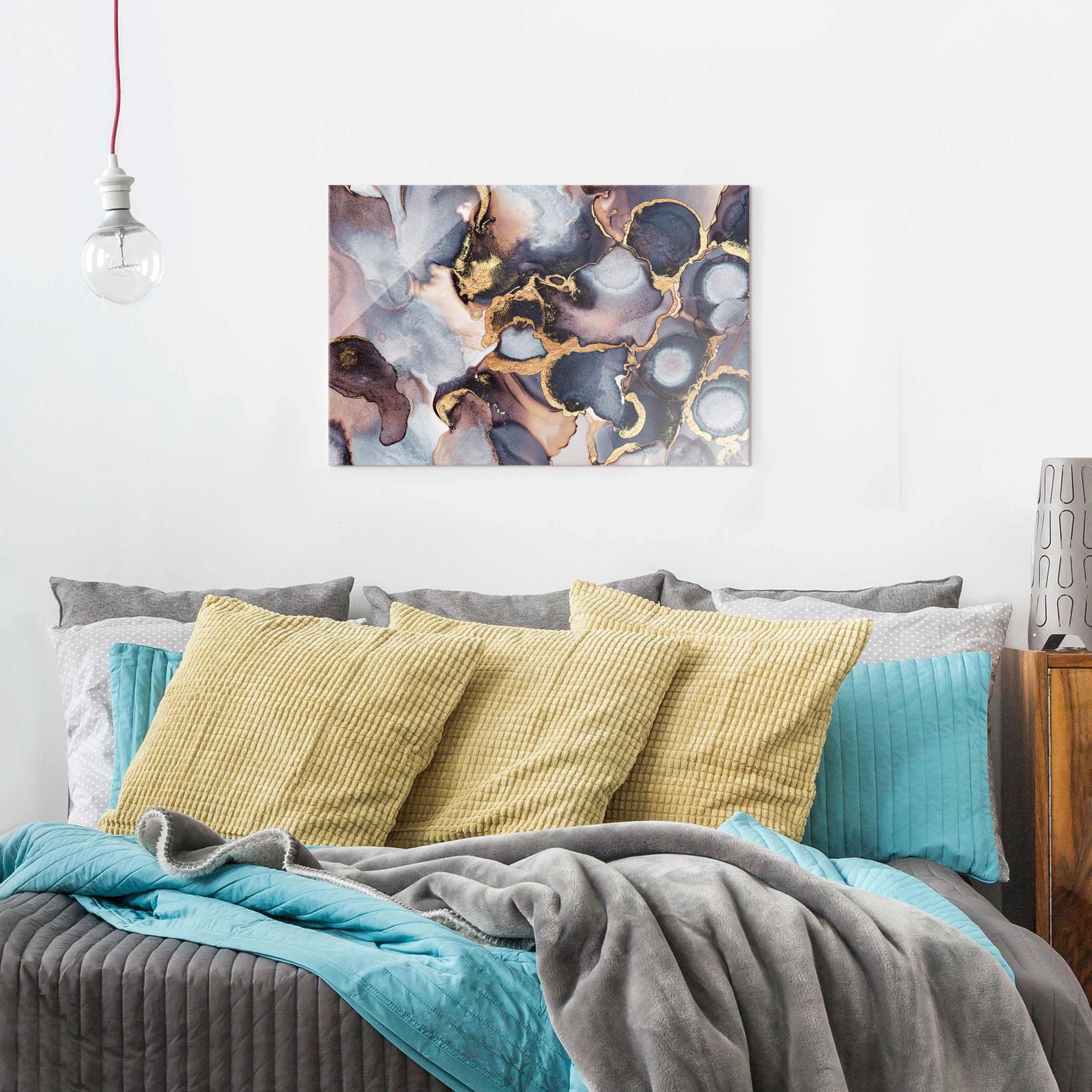 Glasbild - Querformat Marmor Aquarell mit Gold