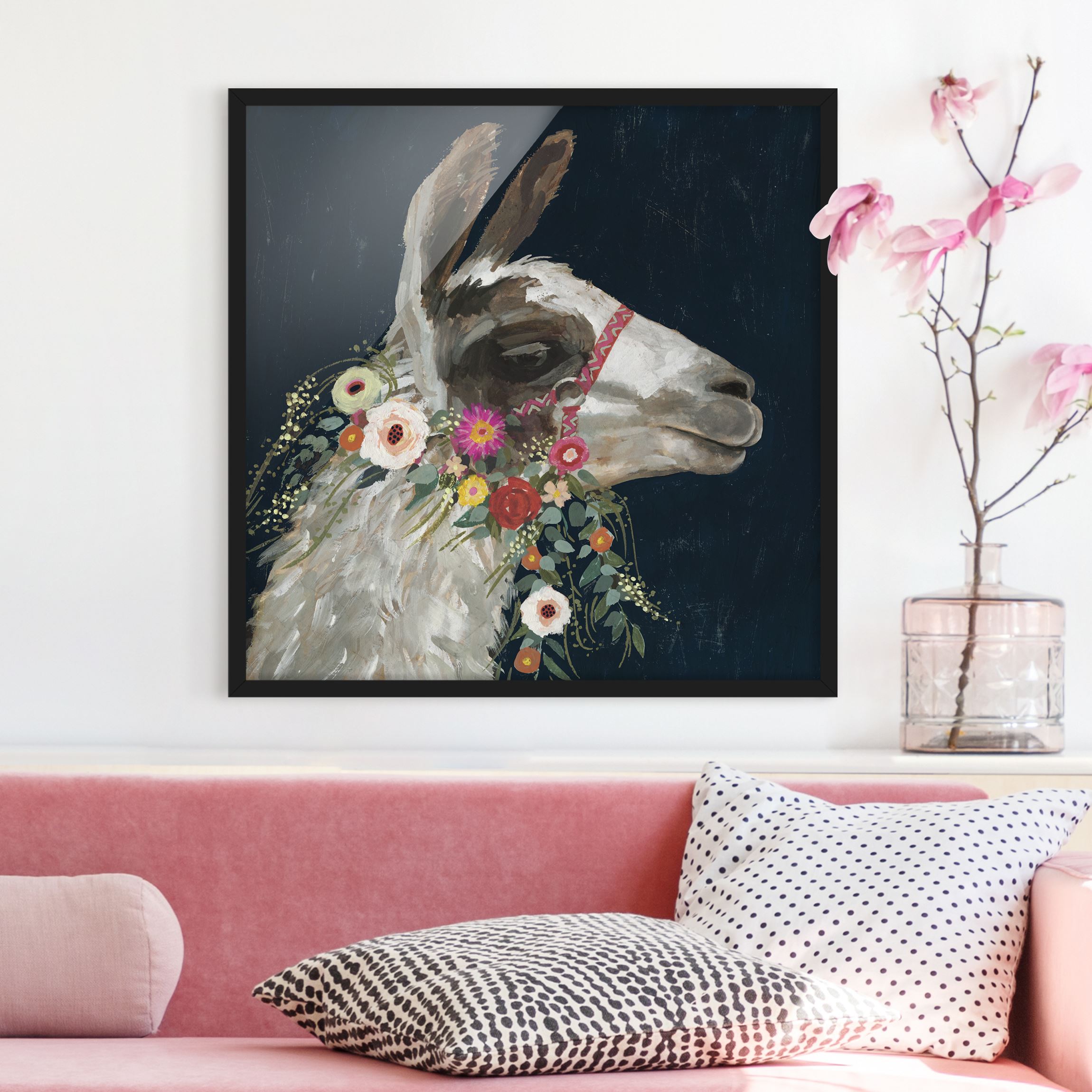Bild mit Rahmen - Quadrat Lama mit Blumenschmuck I