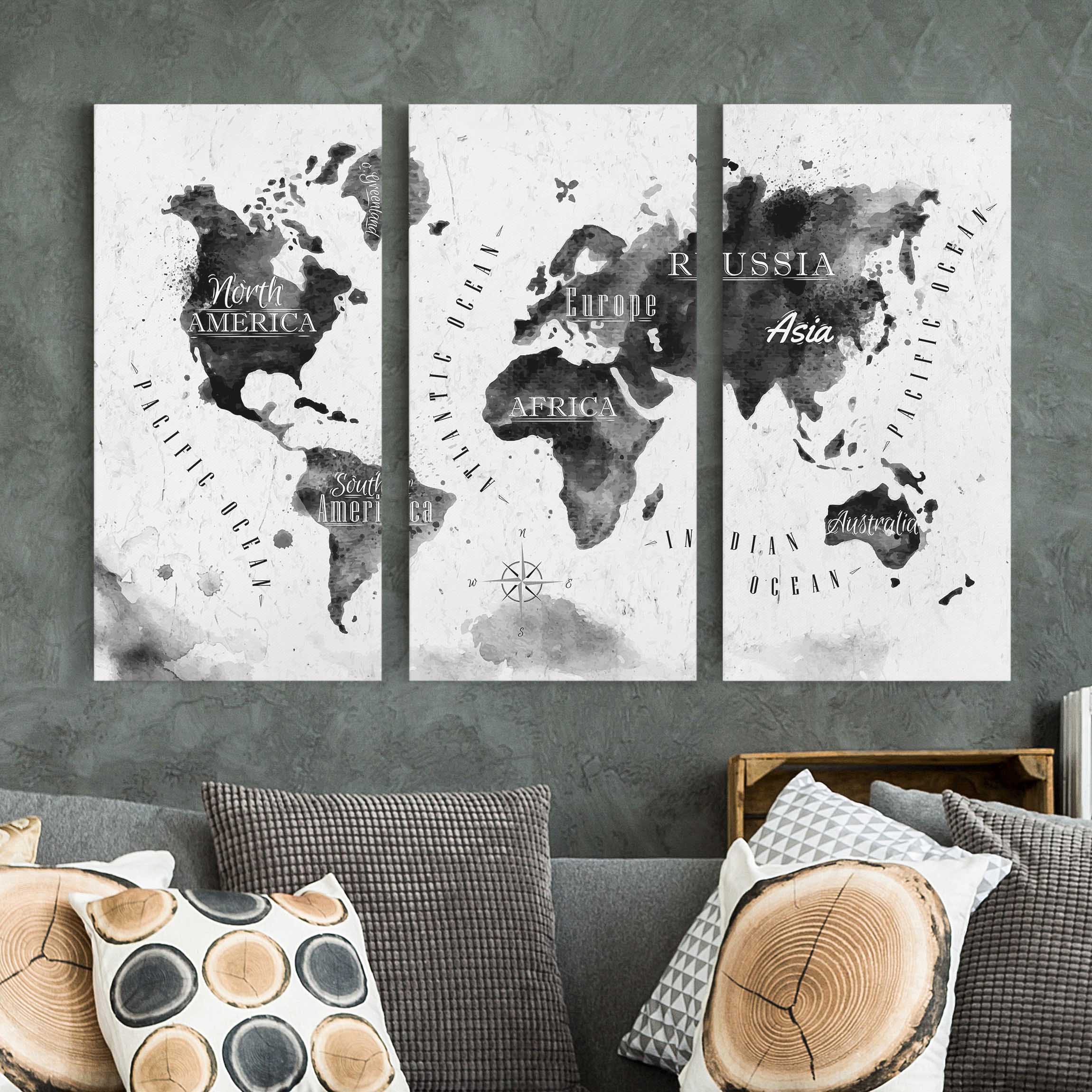 3-teiliges Leinwandbild Aquarell Weltkarte Aquarell schwarz