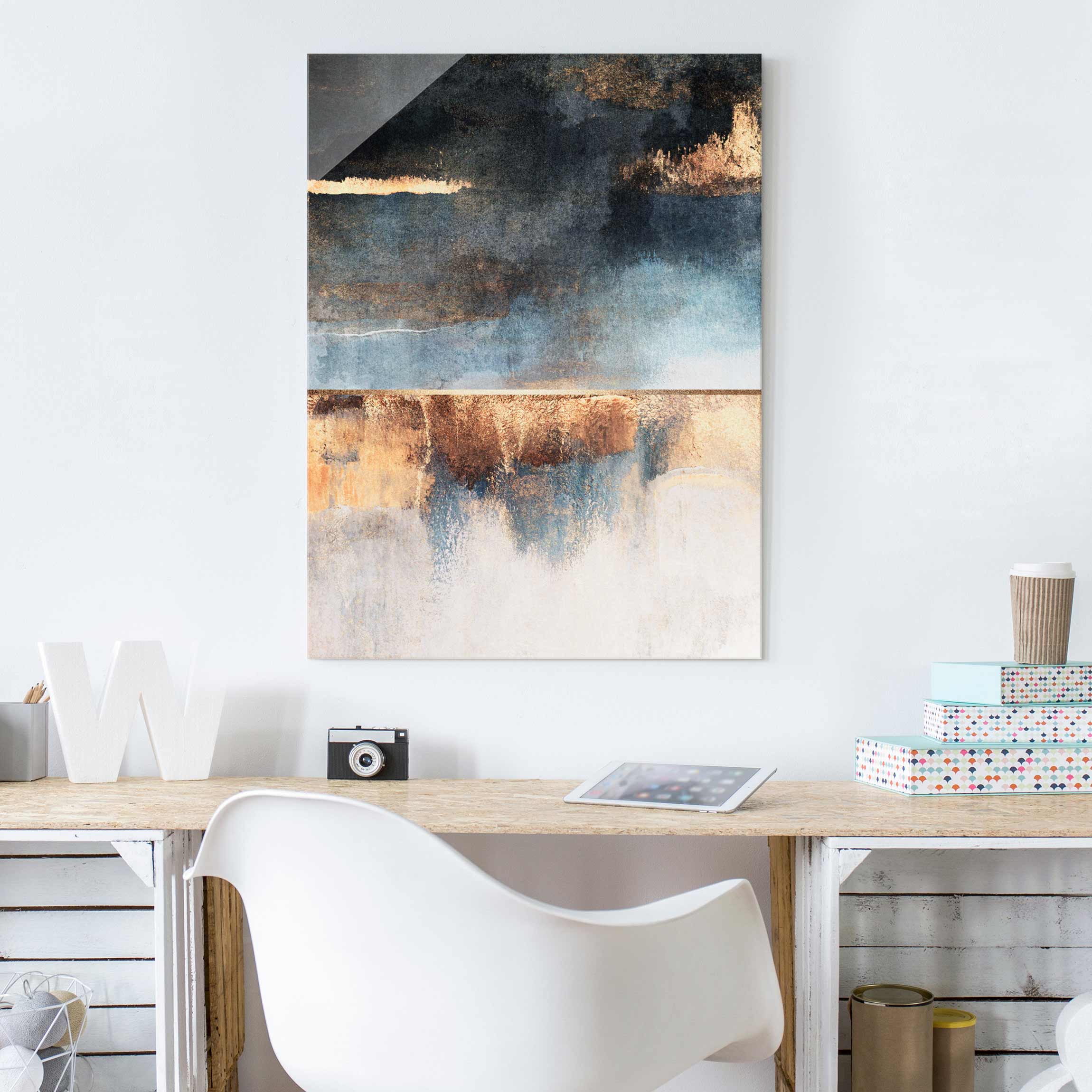 Glasbild Abstraktes Seeufer in Gold