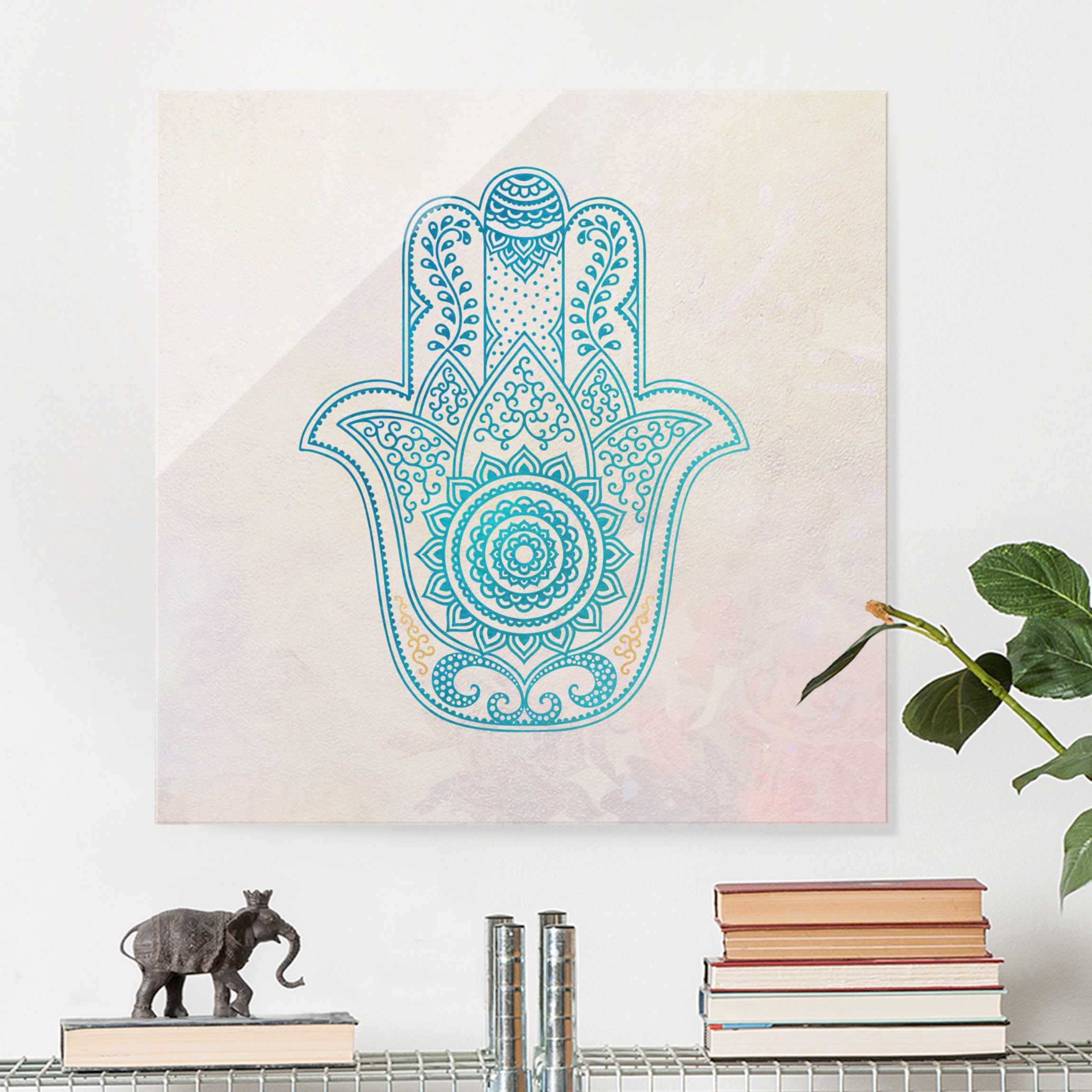 Glasbild - Quadrat Hamsa Hand Illustration Mandala gold blau