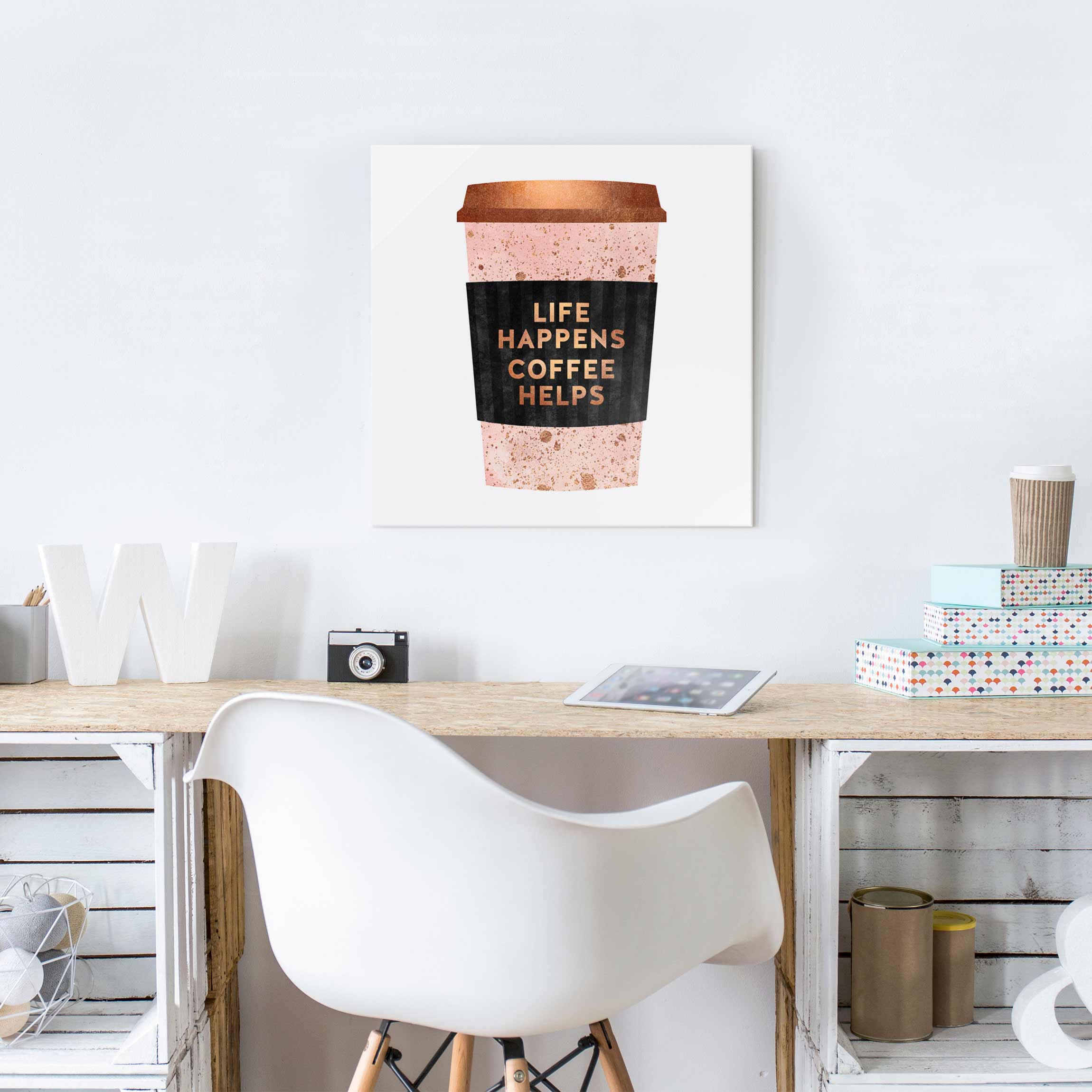 Glasbild - Quadrat Life Happens Coffee Helps Gold