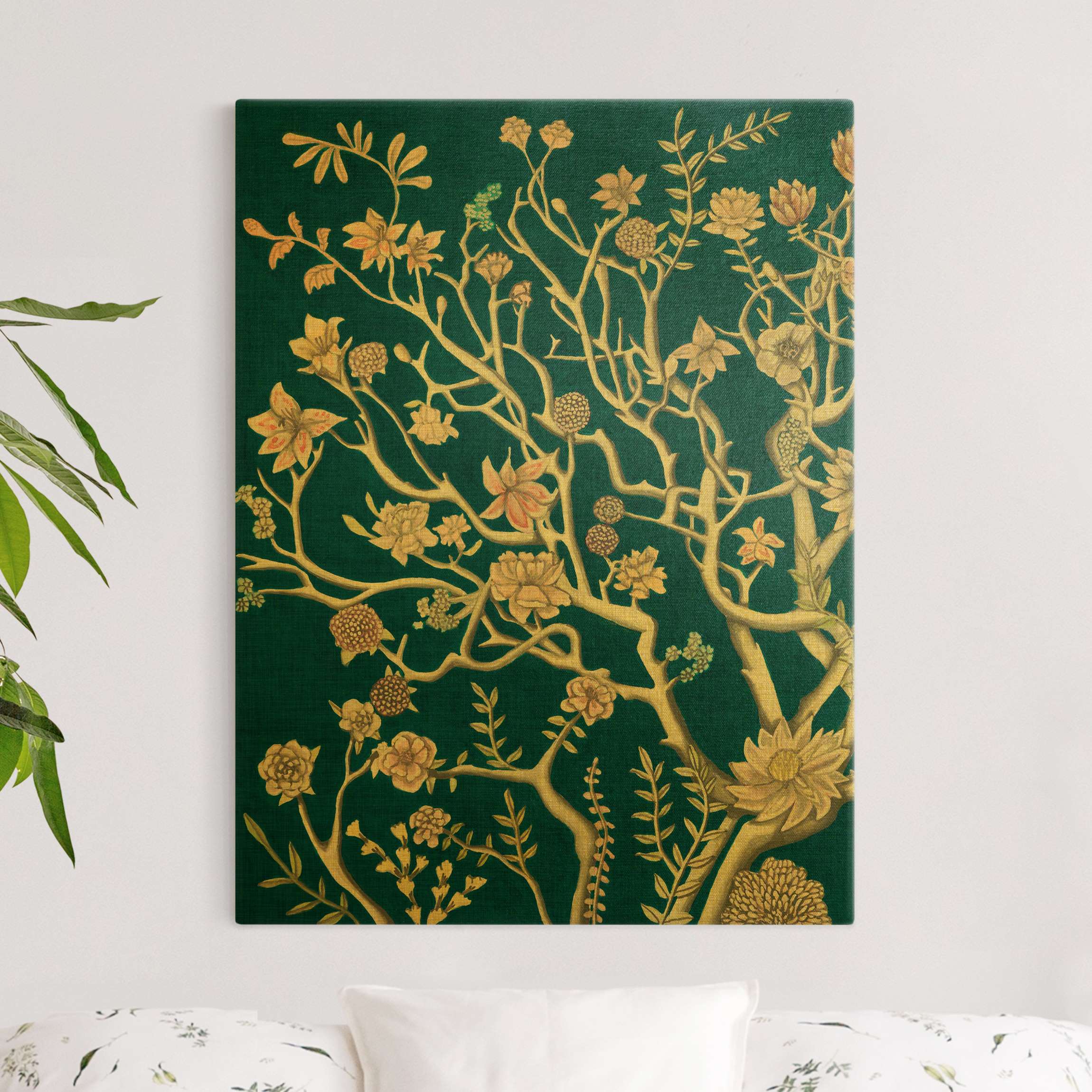 Leinwandbild Gold Chinoiserie Blumen in der Nacht I