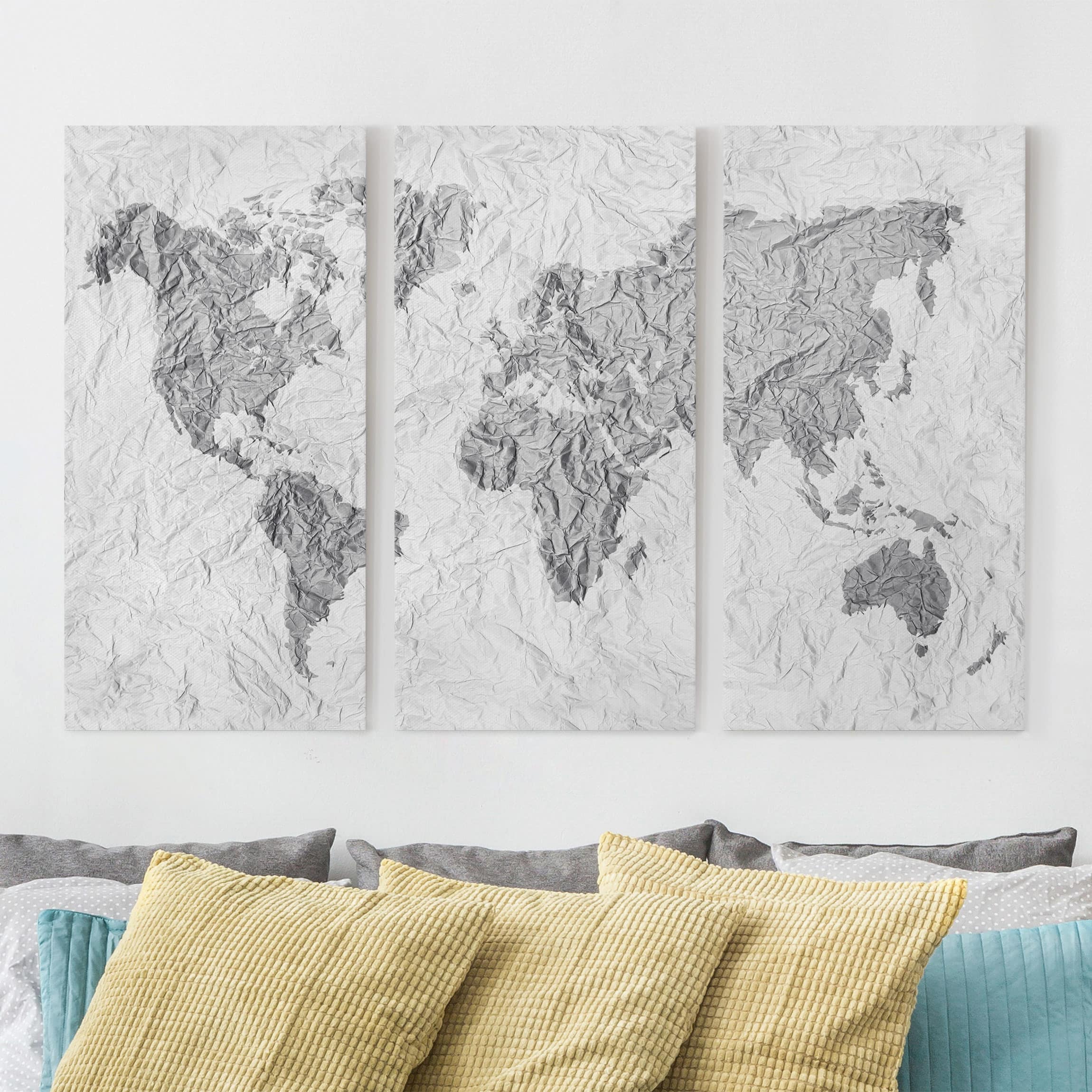 3-teiliges Leinwandbild - Querformat Papier Weltkarte Weiß Grau