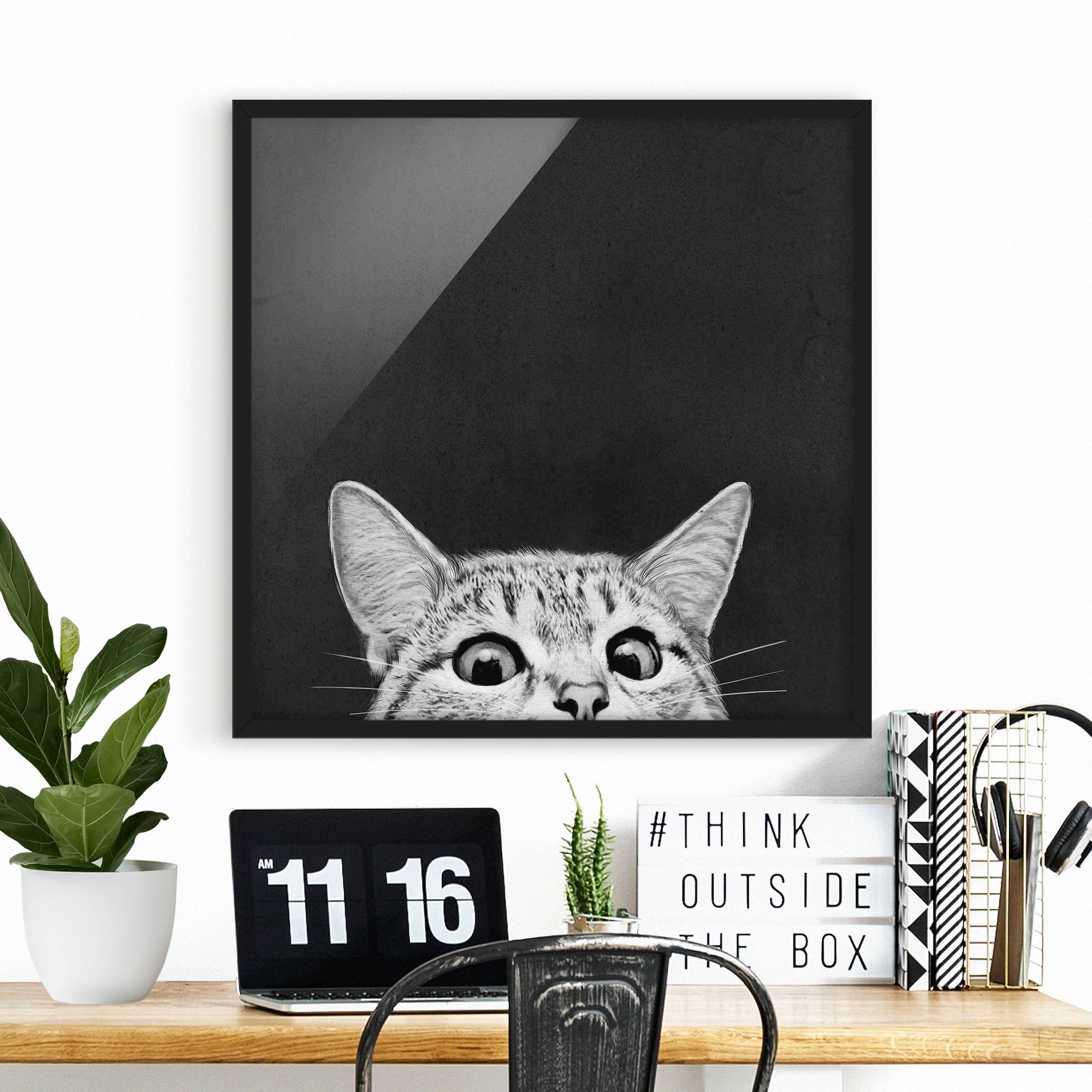 Bild mit Rahmen - Quadrat Illustration Katze Schwarz Weiß Zeichnung