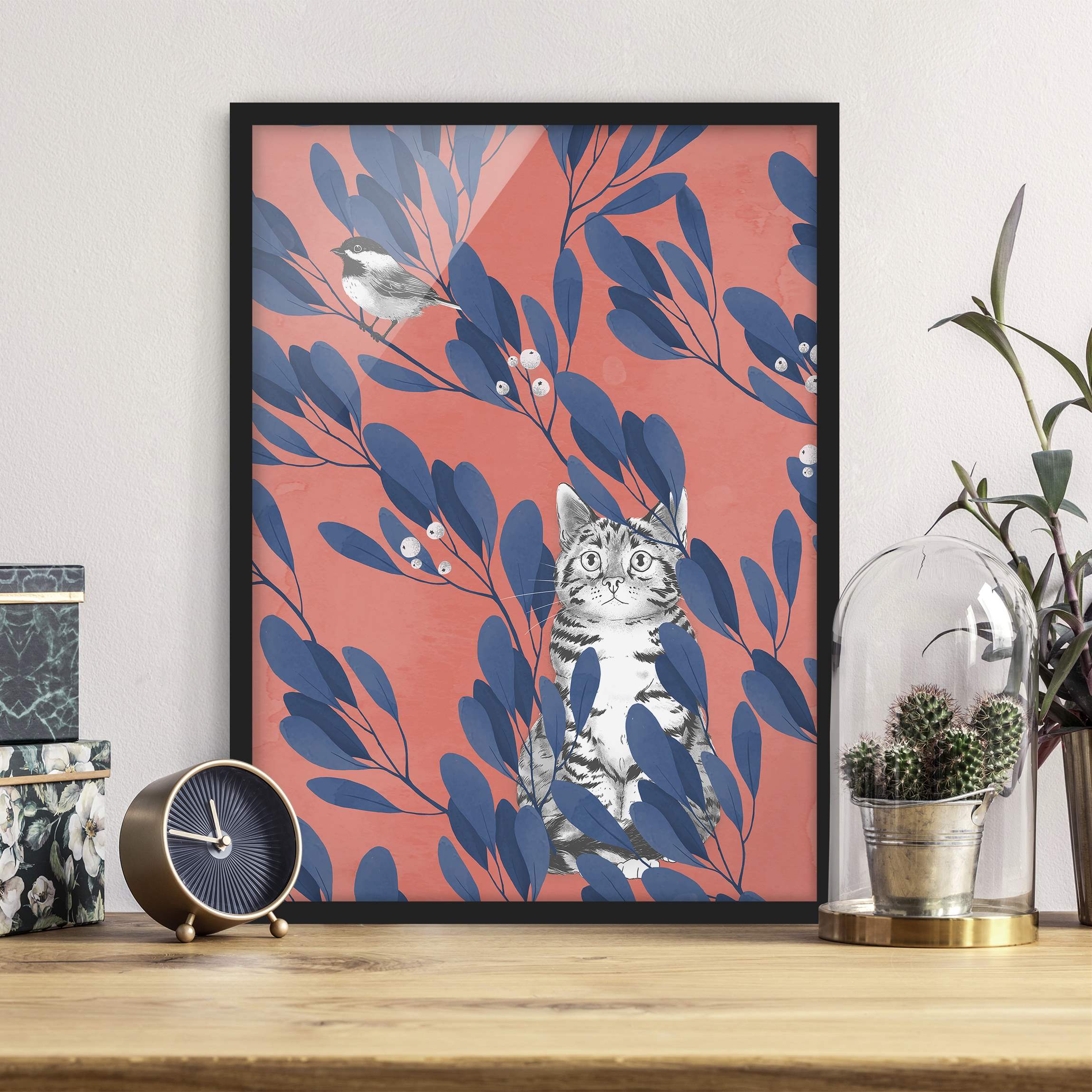 Gerahmtes Bild Illustration Katze und Vogel auf Ast Blau Rot