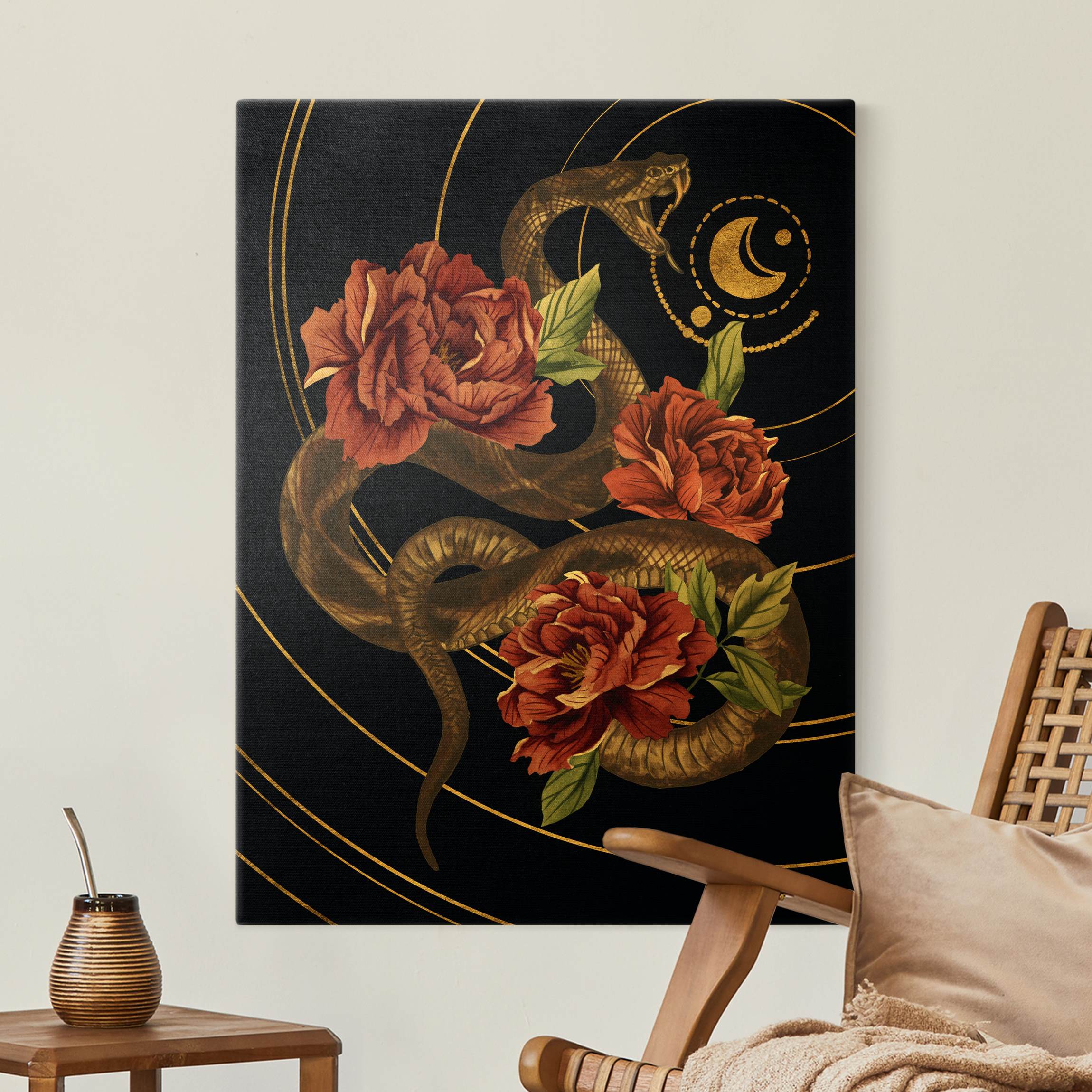 Leinwandbild Gold Schlange mit Rosen Schwarz und Gold II