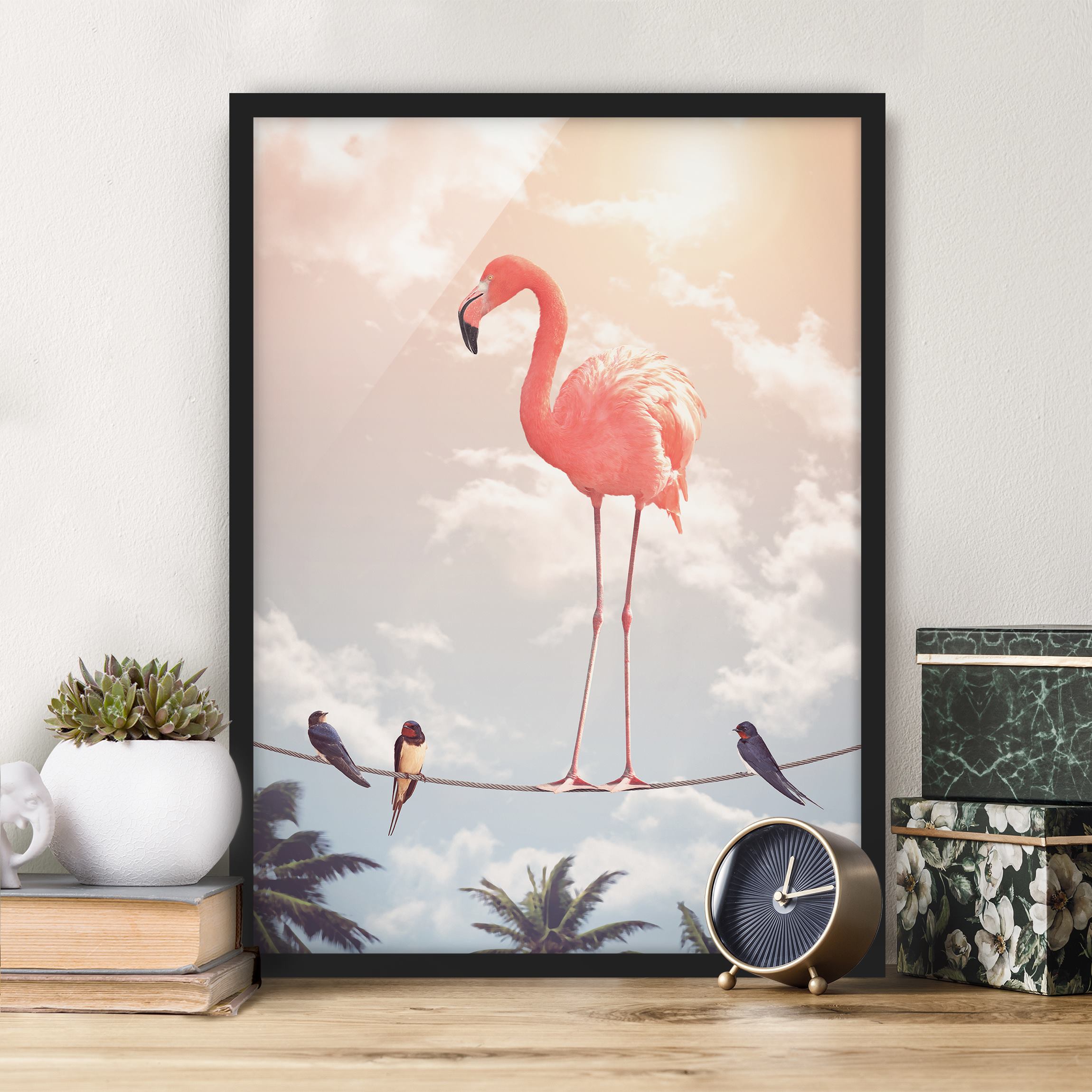 Bild mit Rahmen - Hochformat Himmel mit Flamingo