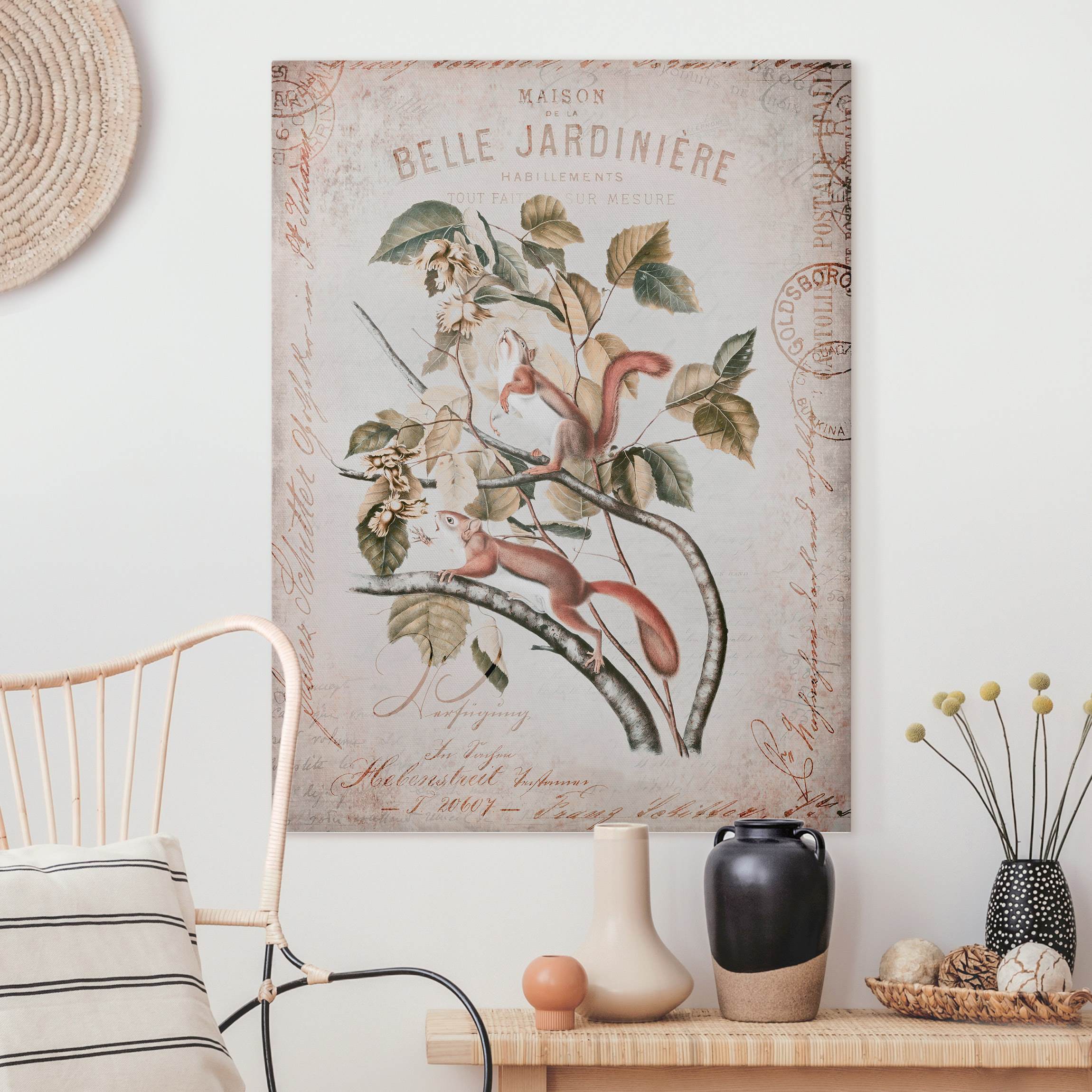 Leinwandbild Shabby Chic Collage - Eichhörnchen