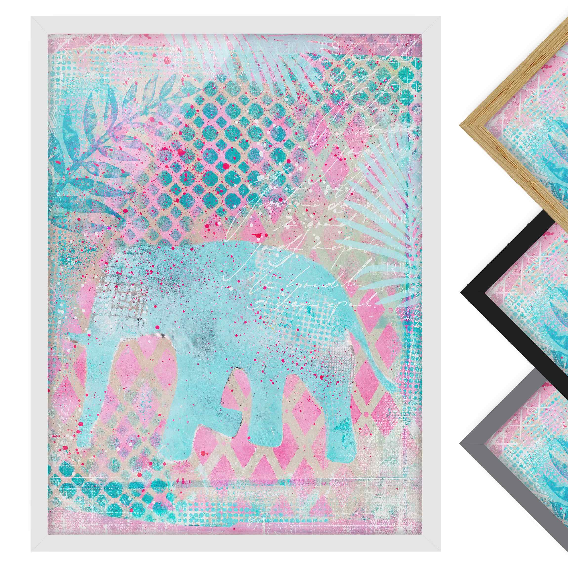 Bild mit Rahmen - Hochformat Bunte Collage - Elefant in Blau und Rosa