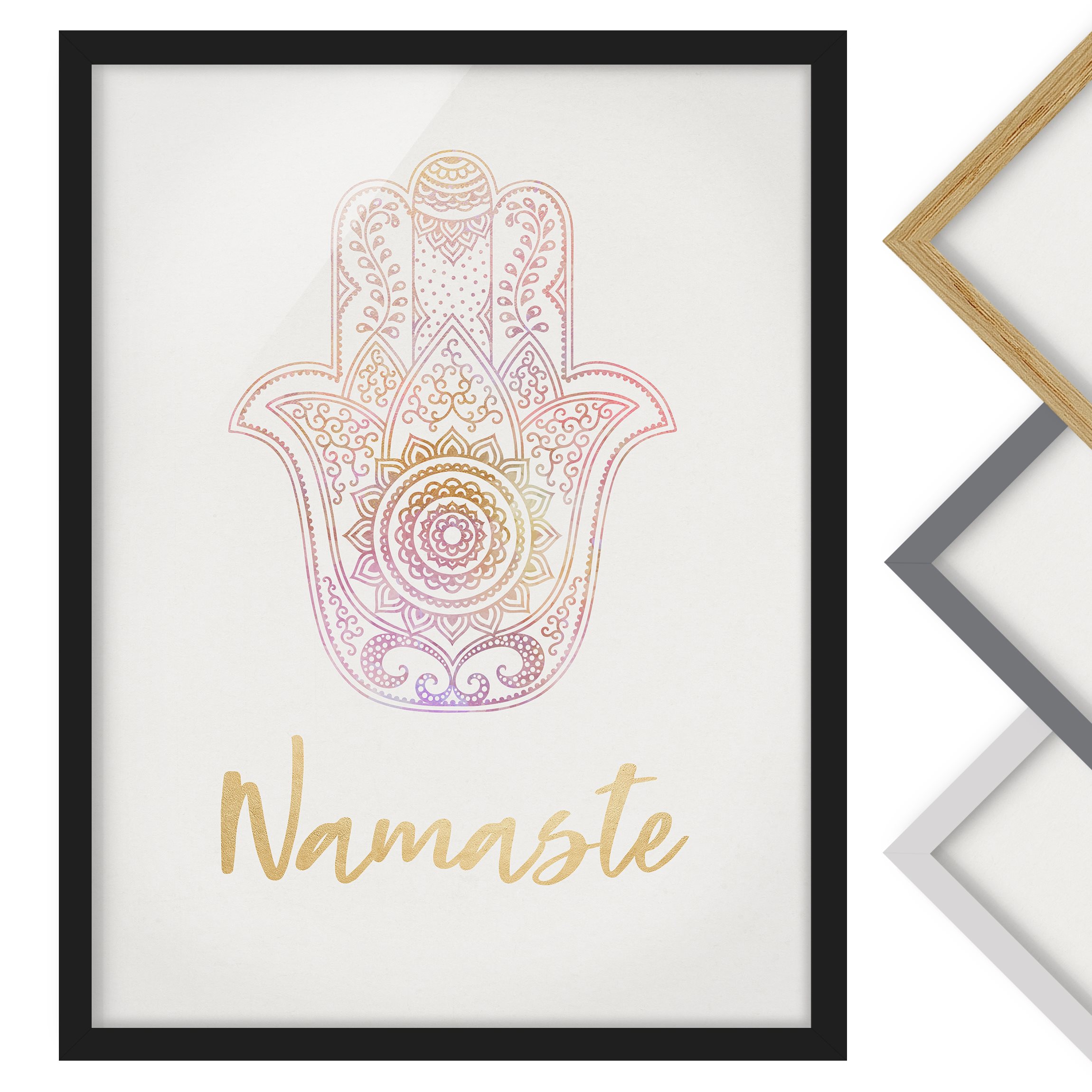 Bild mit Rahmen - Hochformat Hamsa Hand Illustration Namaste gold rosa