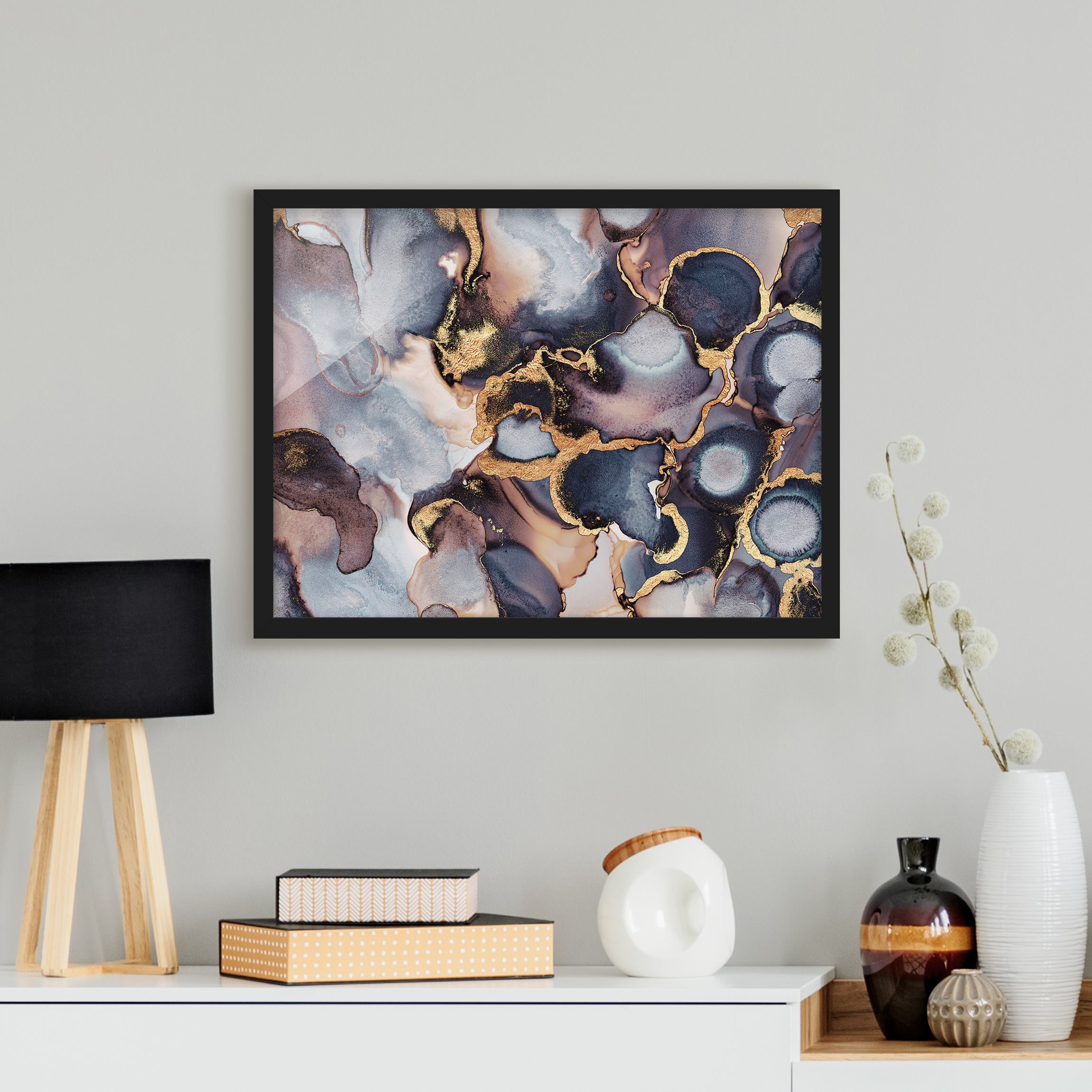 Bild mit Rahmen - Querformat Marmor Aquarell mit Gold