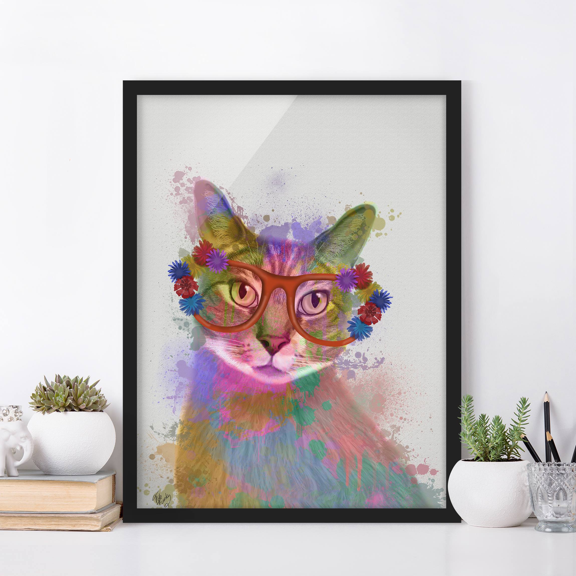 Bild mit Rahmen - Hochformat Regenbogen Splash Katze