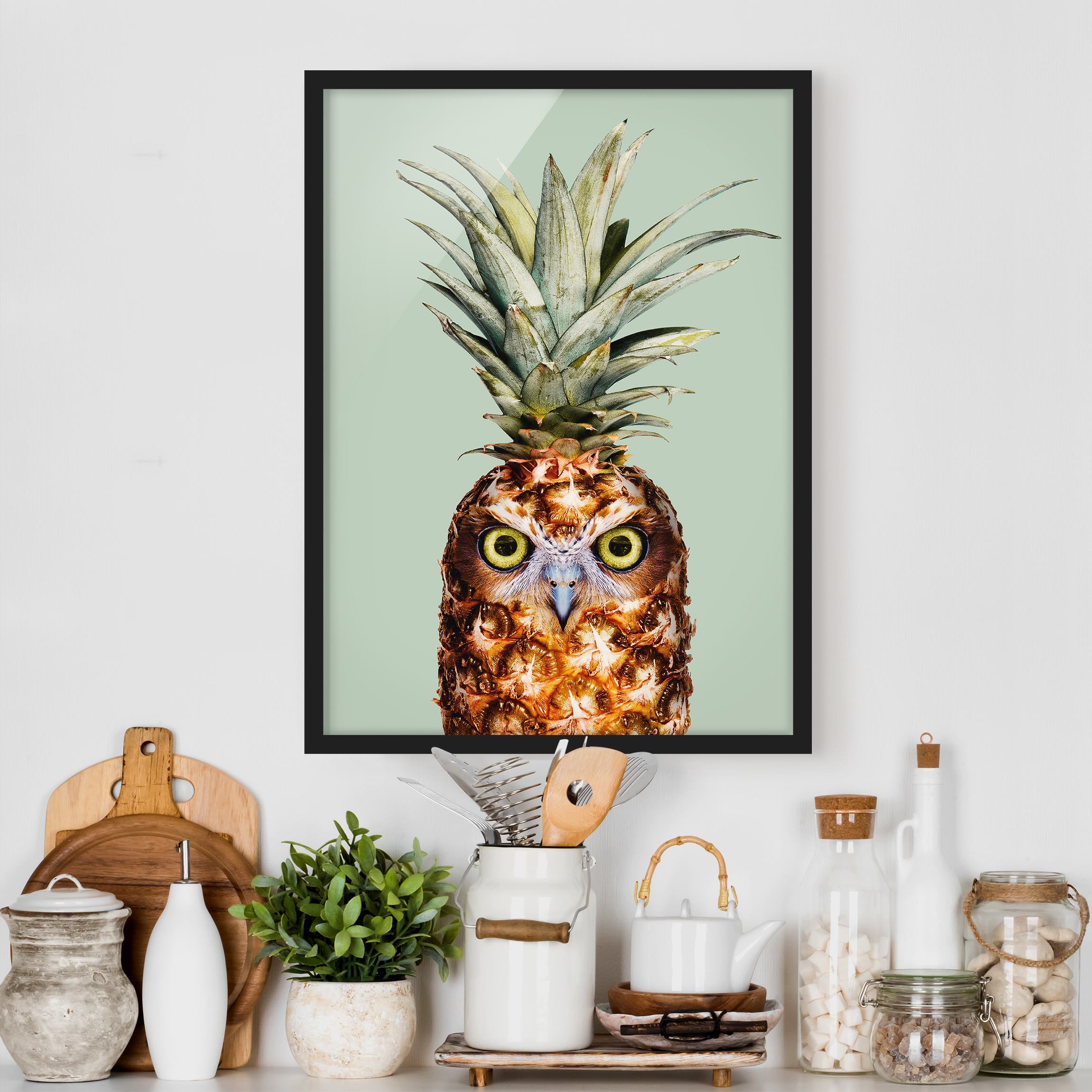 Bild mit Rahmen - Hochformat Ananas mit Eule