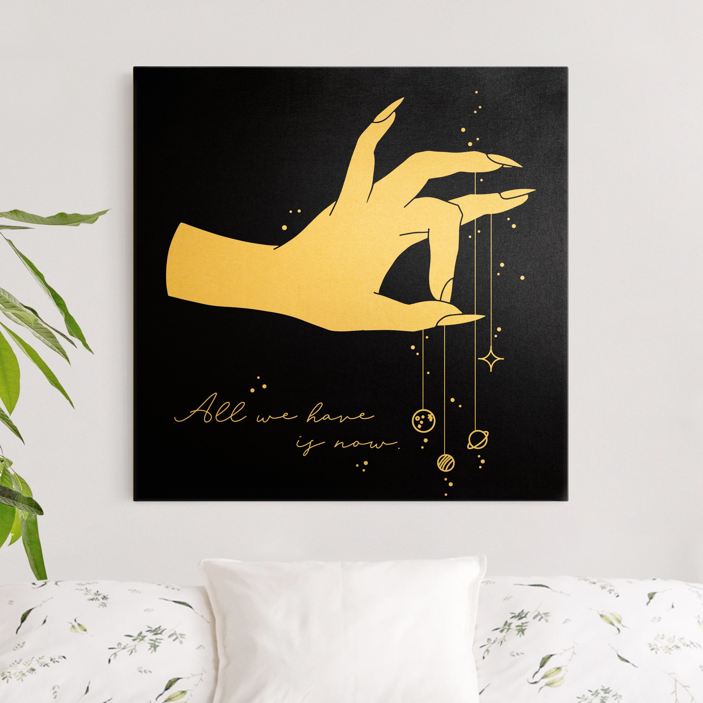 Leinwandbild Gold Hand mit Planeten - All we have is now