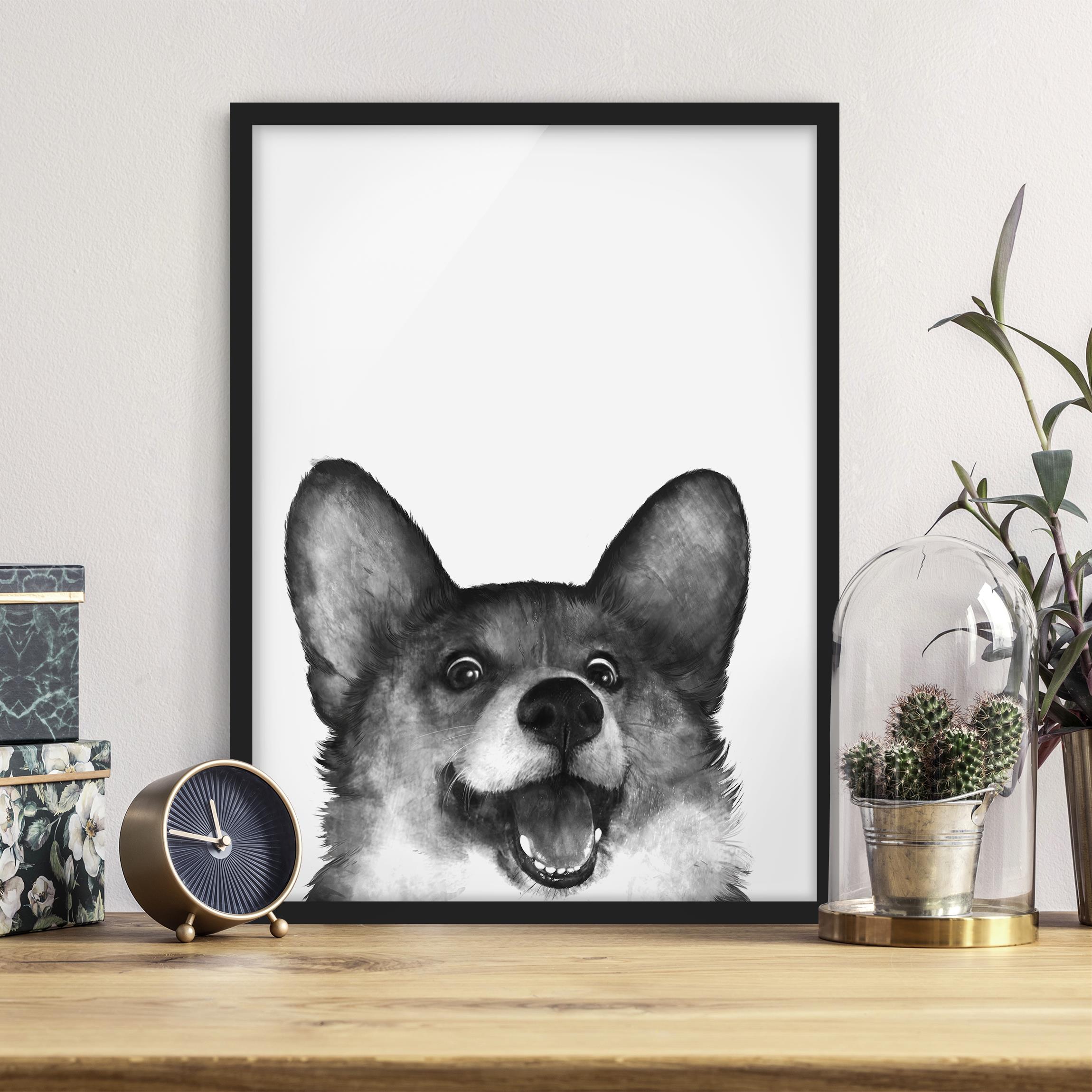 Gerahmtes Bild Illustration Hund Corgi Weiß Schwarz Malerei