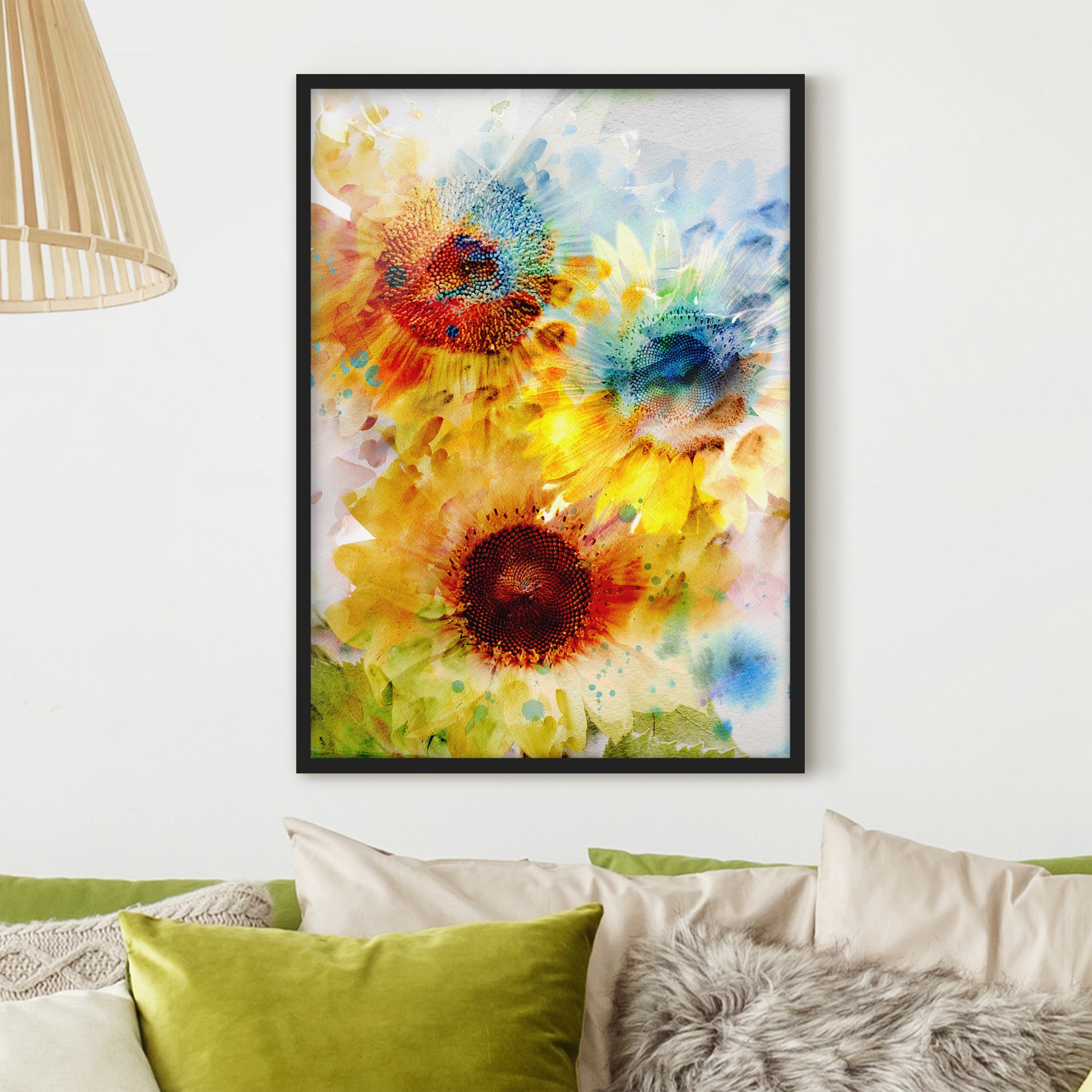 Blumen Bild mit Rahmen Aquarell Blumen Sonnenblumen