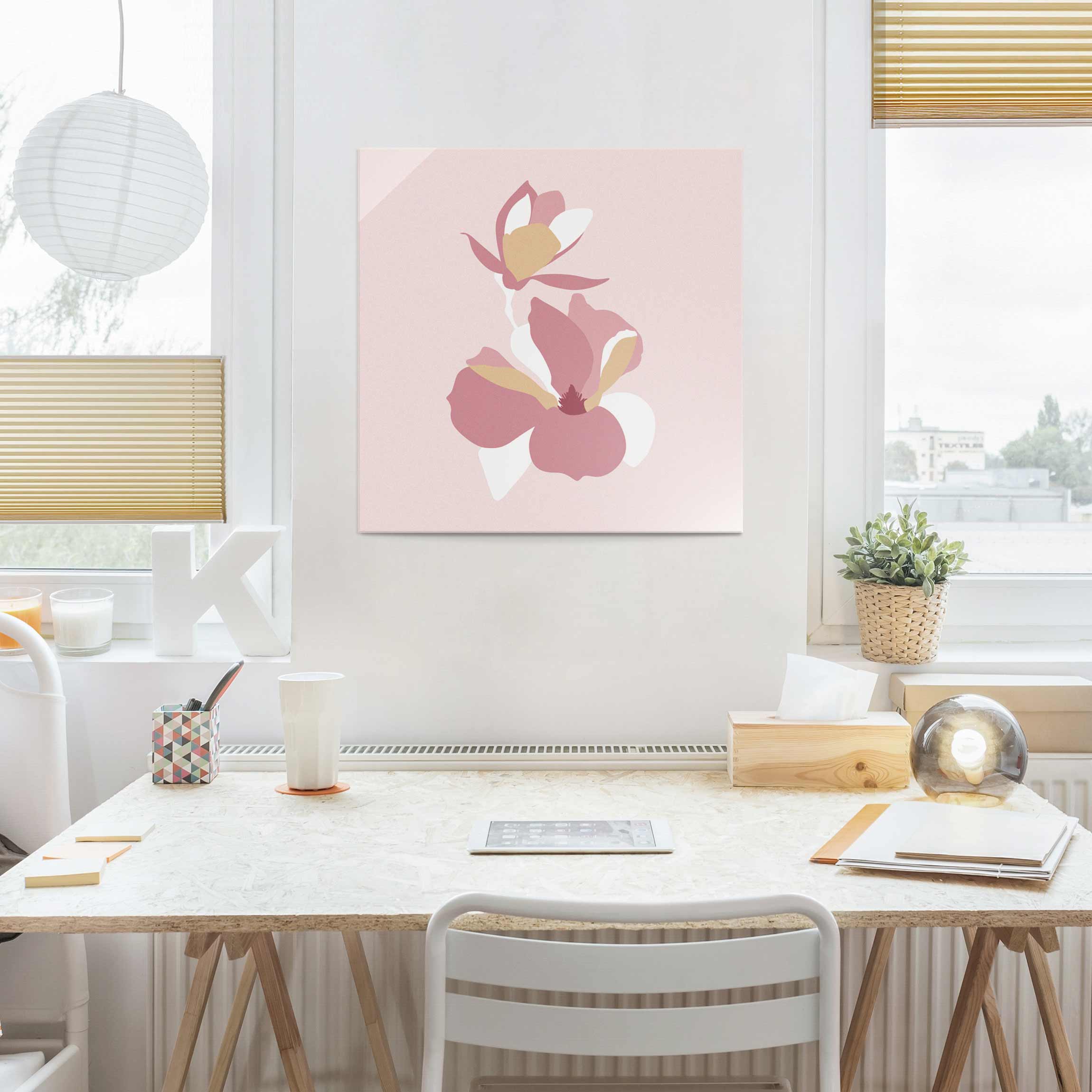Glasbild - Quadrat Line Art Blüten Pastell Rosa