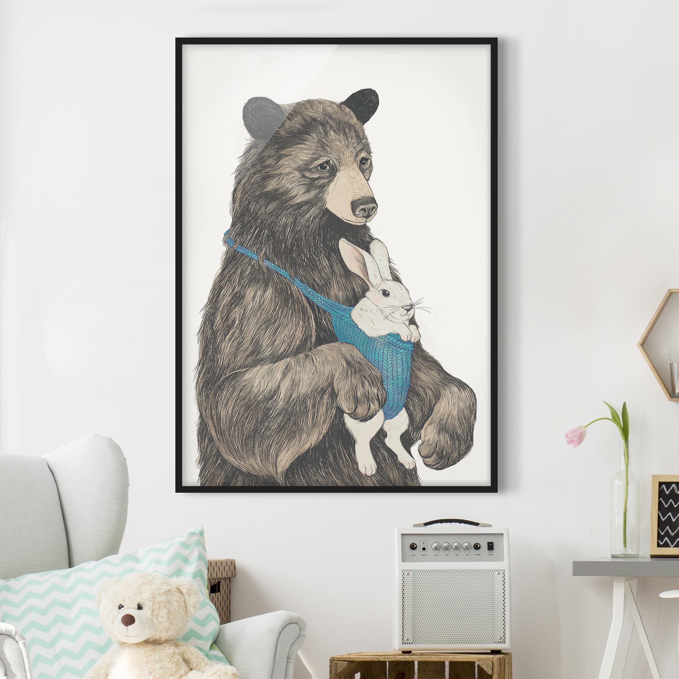 Gerahmtes Bild Illustration Bär und Hase Baby