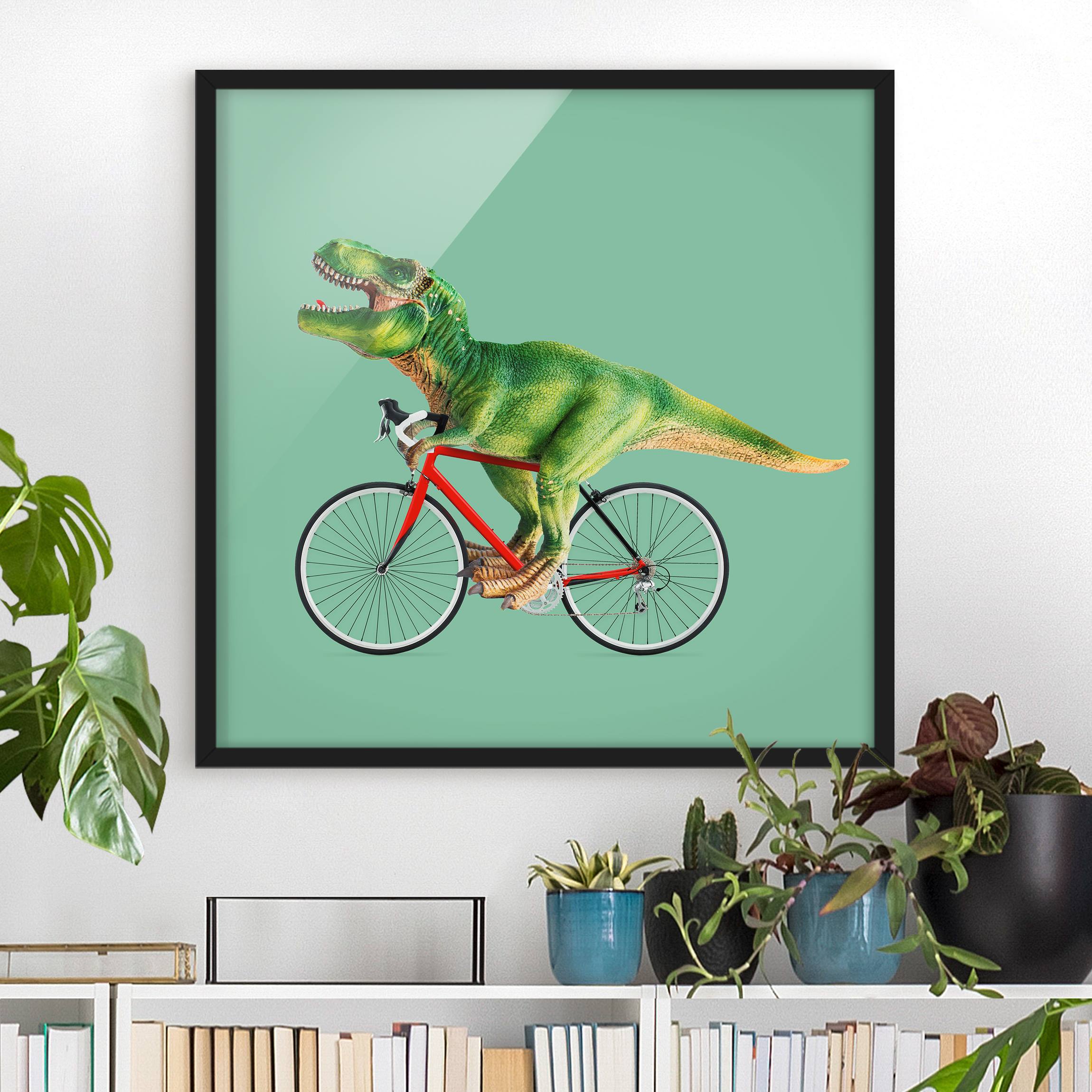 Bild mit Rahmen - Quadrat Dinosaurier mit Fahrrad