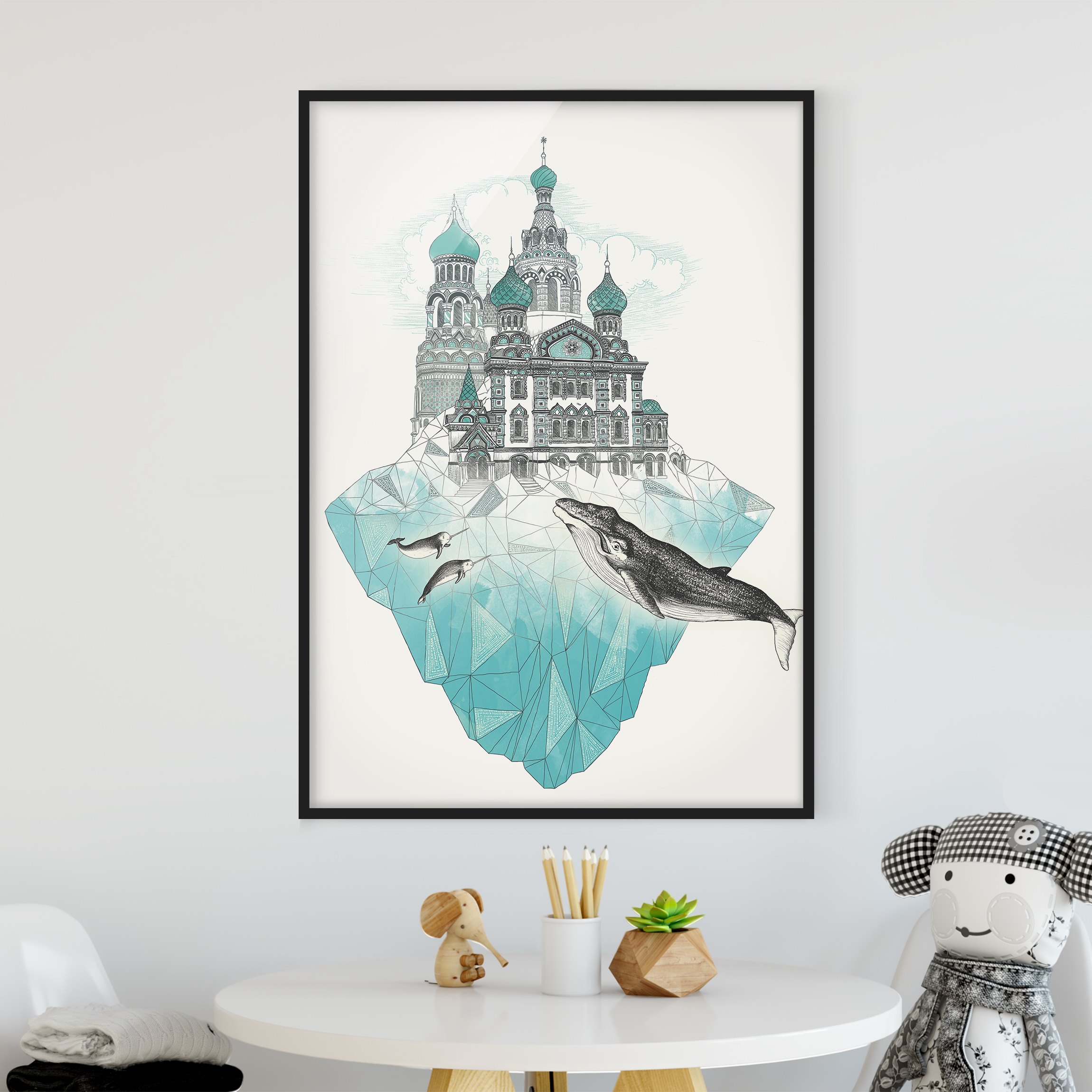 Bild mit Rahmen - Hochformat Illustration Kirche mit Kuppeln und Wal